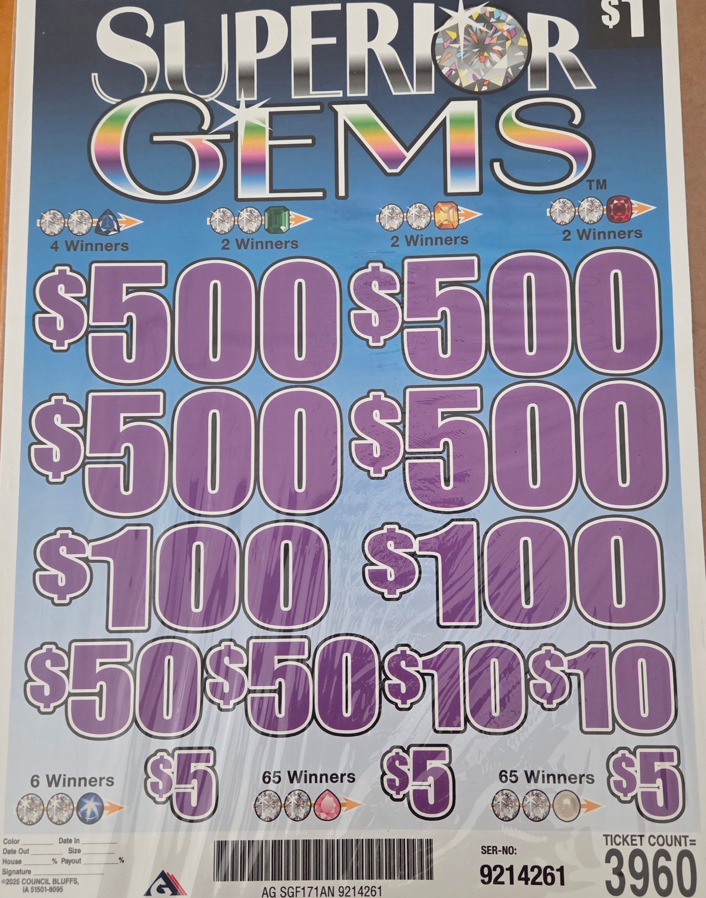 Superior Gems $1 3960ct 4-$500 Instant Pull Tabs