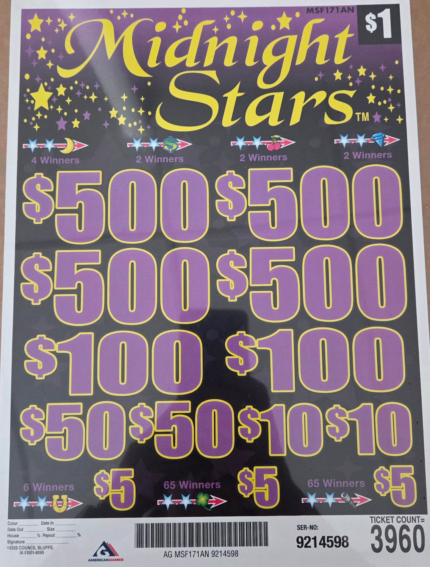 Midnight Stars $1 3960ct 4-$500 Instant Pull Tabs