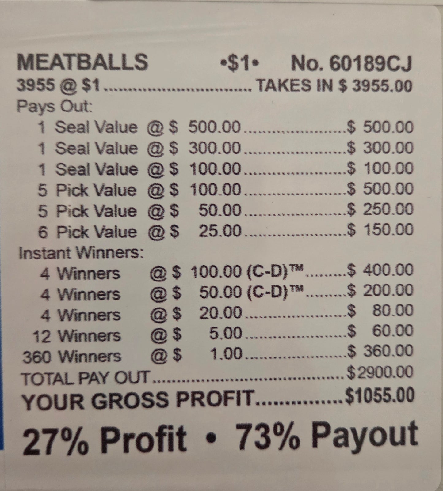 Meatballs 3955ct One Pack Bonus Board Chip Pull Tabs