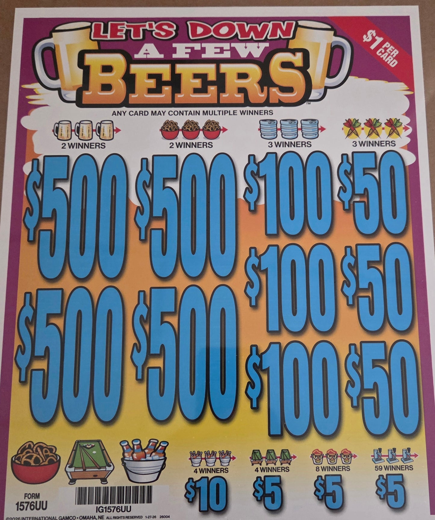 Let's Down A Few Beers $1 3990ct 4-$500 Instant Pull Tabs