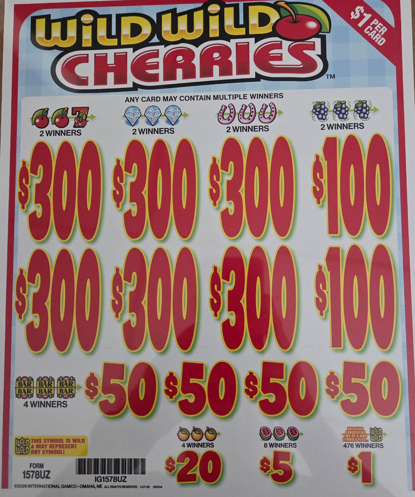 Wild Wild Cherries $1 3990ct 6-$300 Instant Pull Tabs