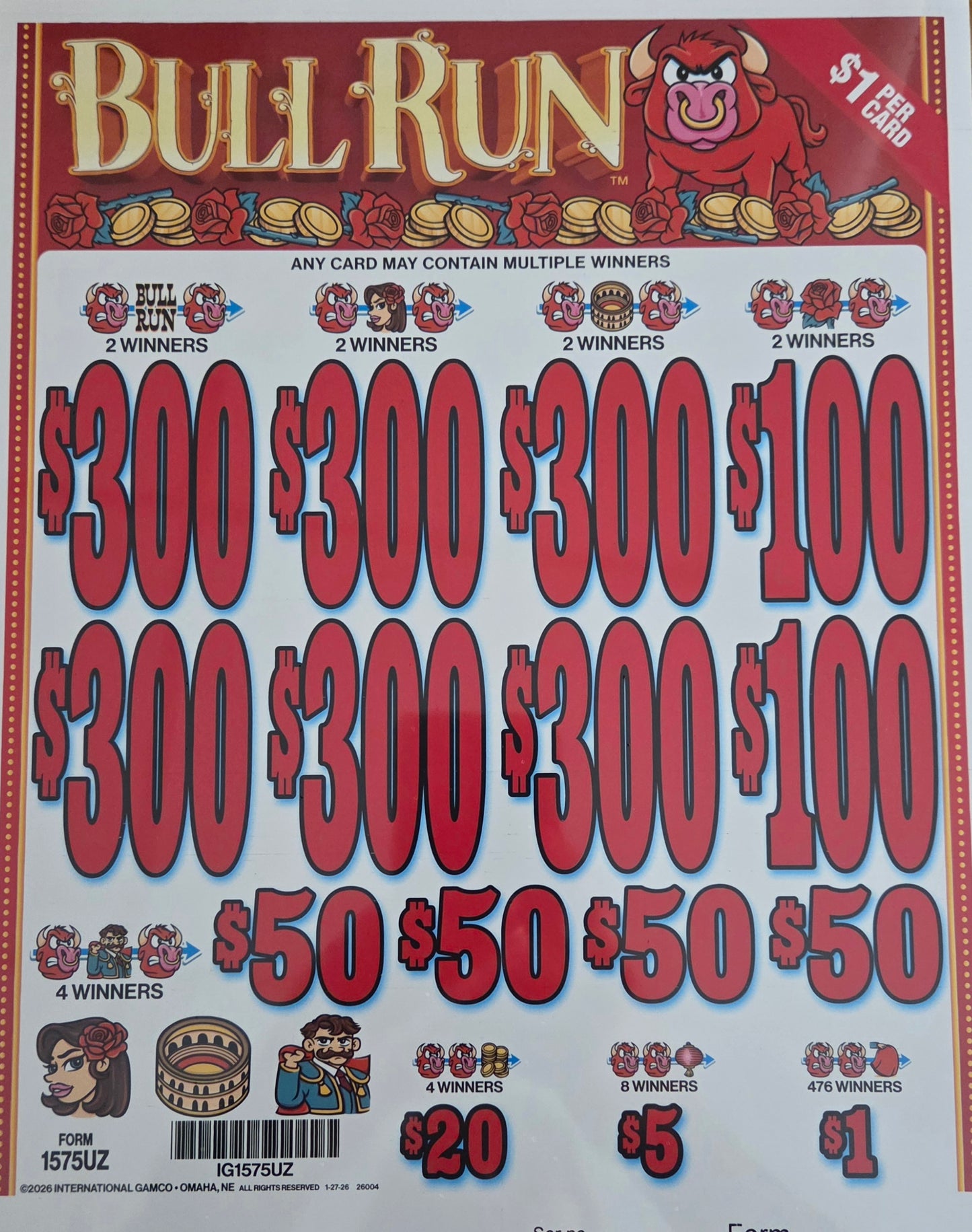 Bull Run $1 3990ct 6-$300 Instant Pull Tabs