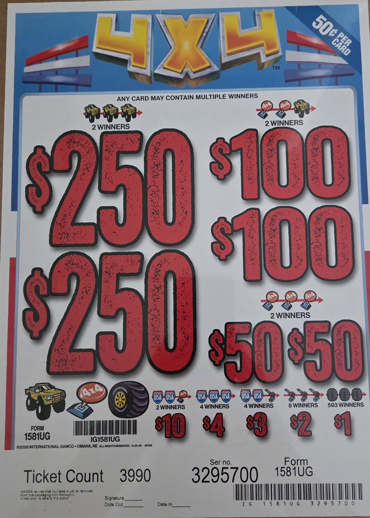 4X4 $0.50 3990ct Instant Pull Tabs