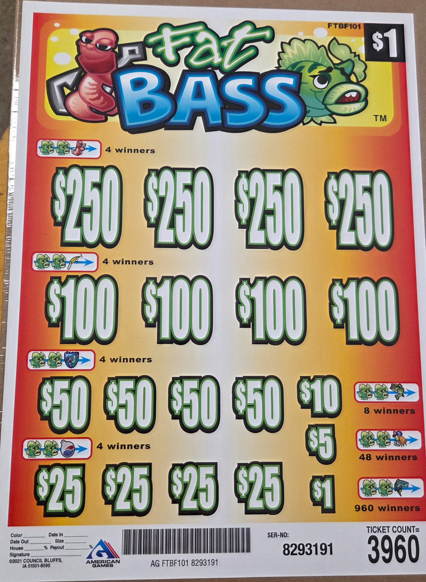 Fat Bass 3960ct 4-$250 Instant Pull Tabs