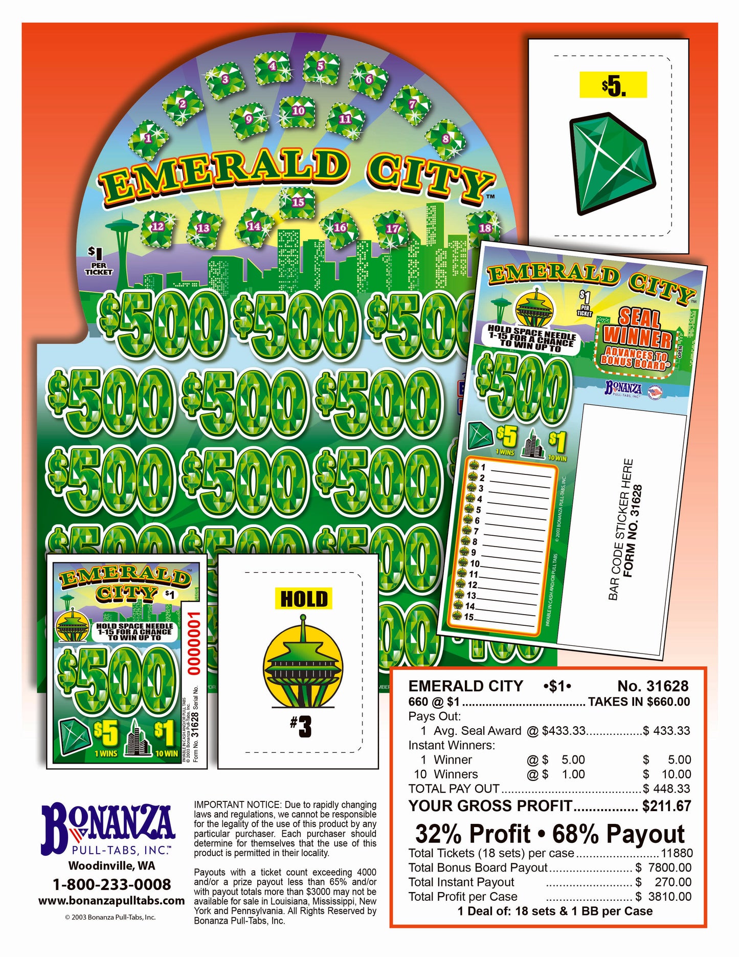 Emerald City 660ct Bonus Board Pull Tabs