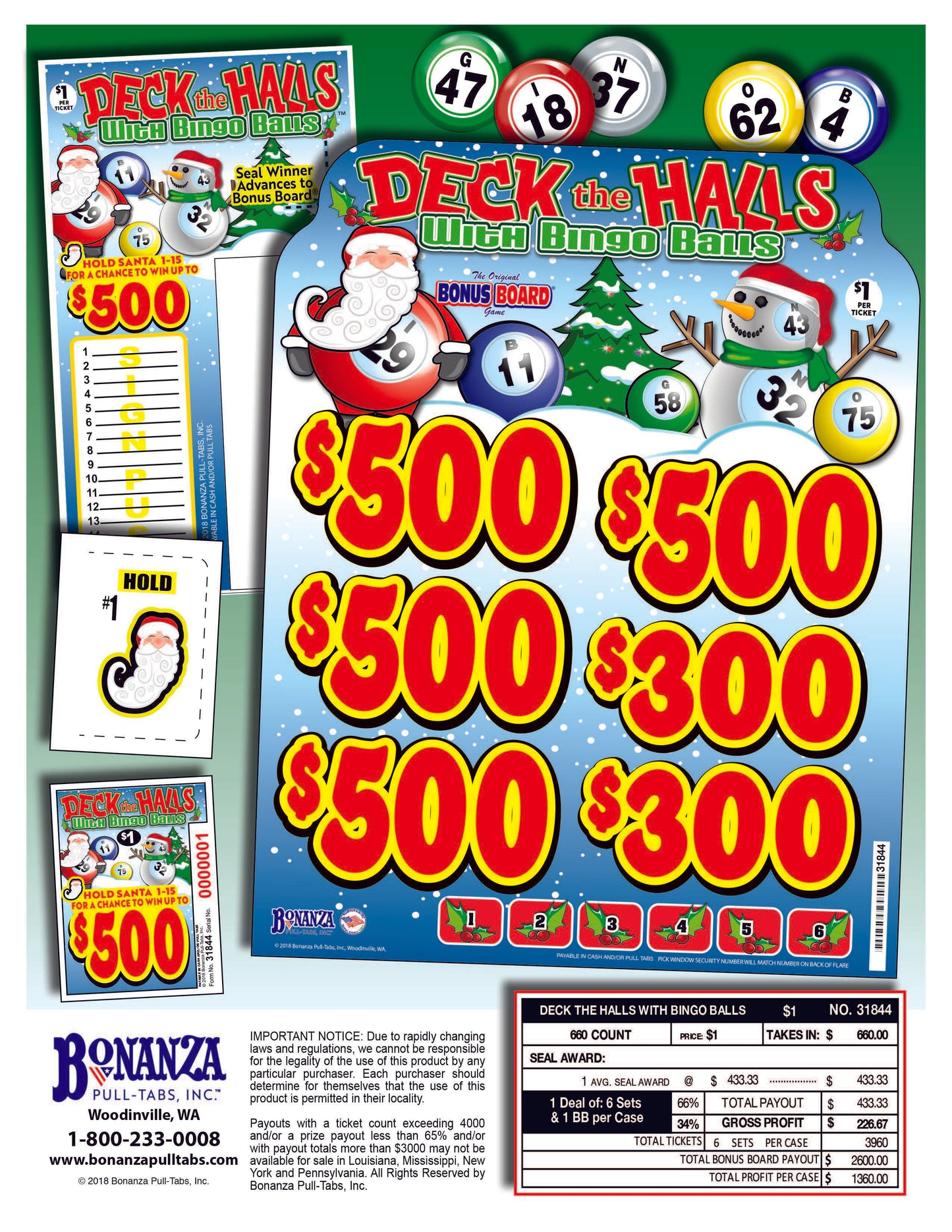 Deck the Halls with Bingo Balls 660ct Bonus Board Pull Tabs