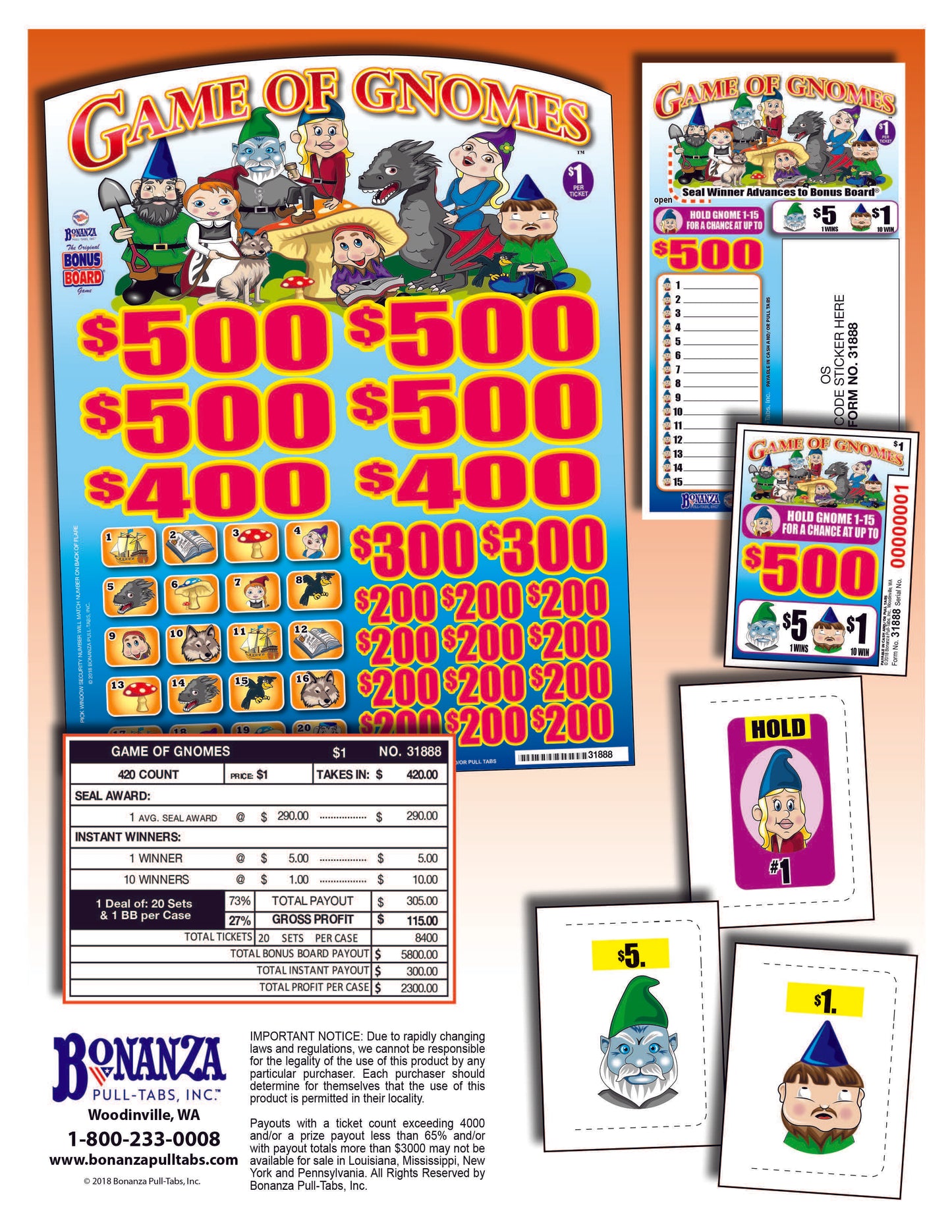 Game of Gnomes 420ct Bonus Board Pull Tabs