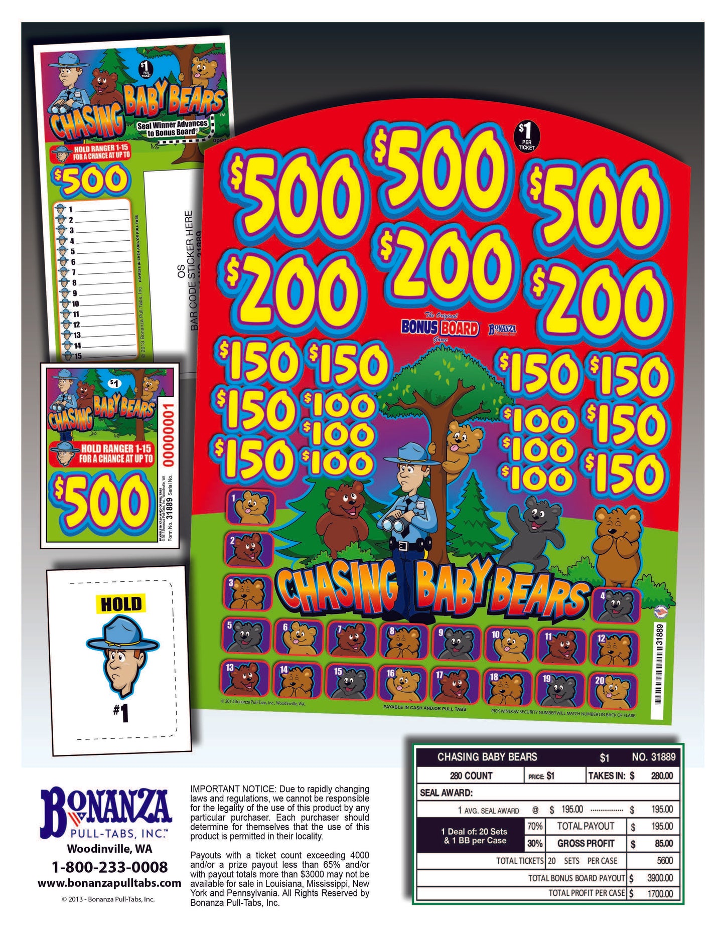 Chasing Baby Bears 280ct Bonus Boards Pull Tabs