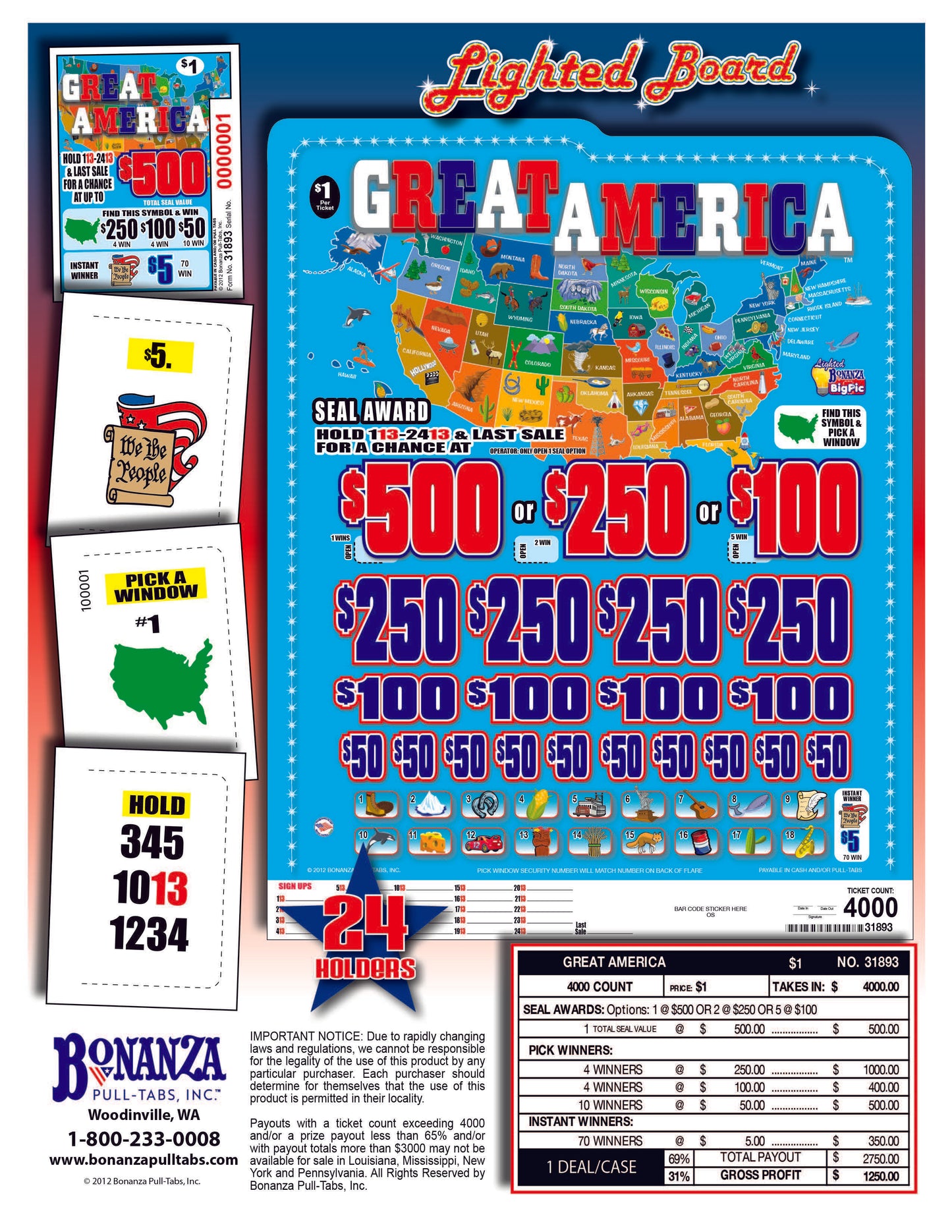 Great America 4000ct Lighted Bonus Board Pull Tabs
