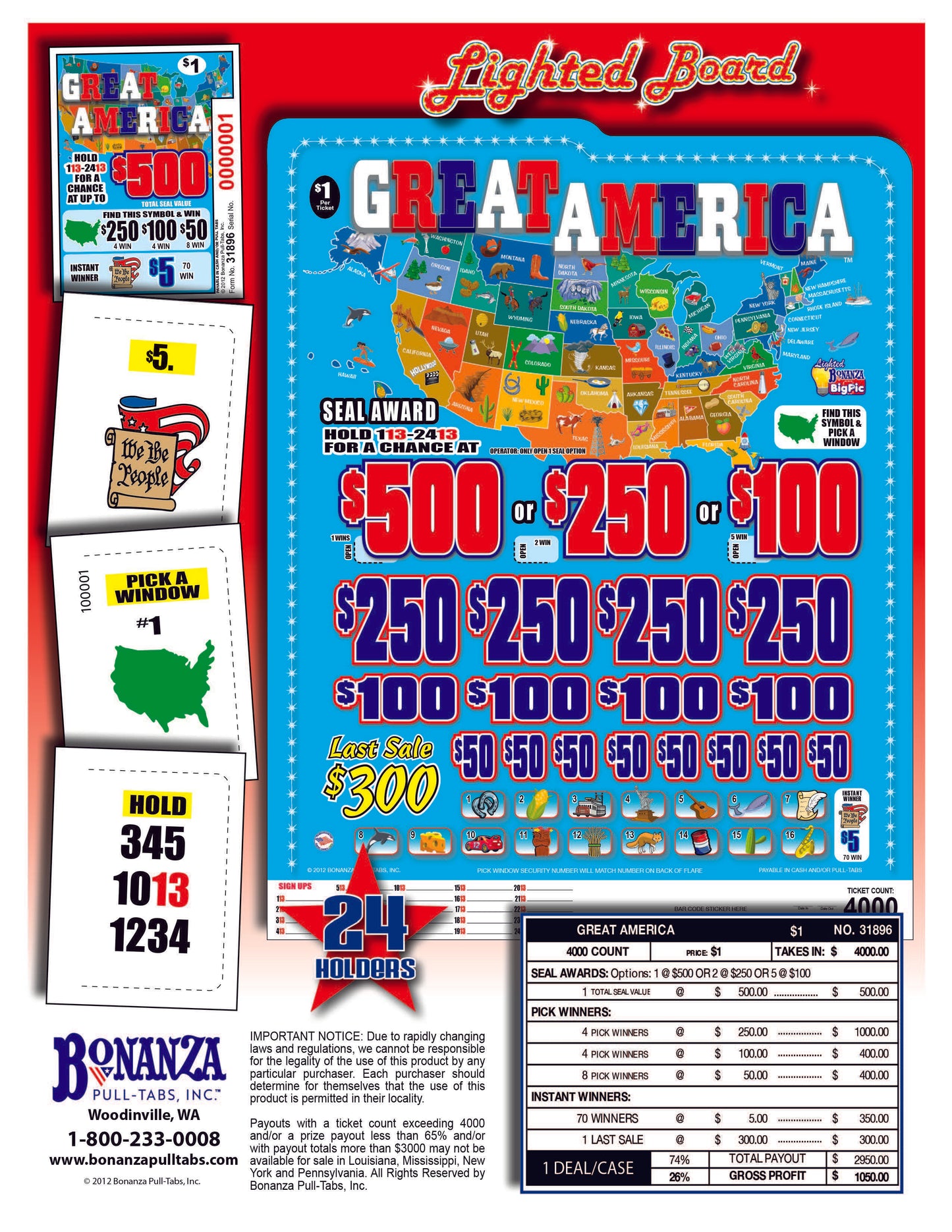 Great America 4000ct Lighted Bonus Board w/ Last Sale Pull Tabs