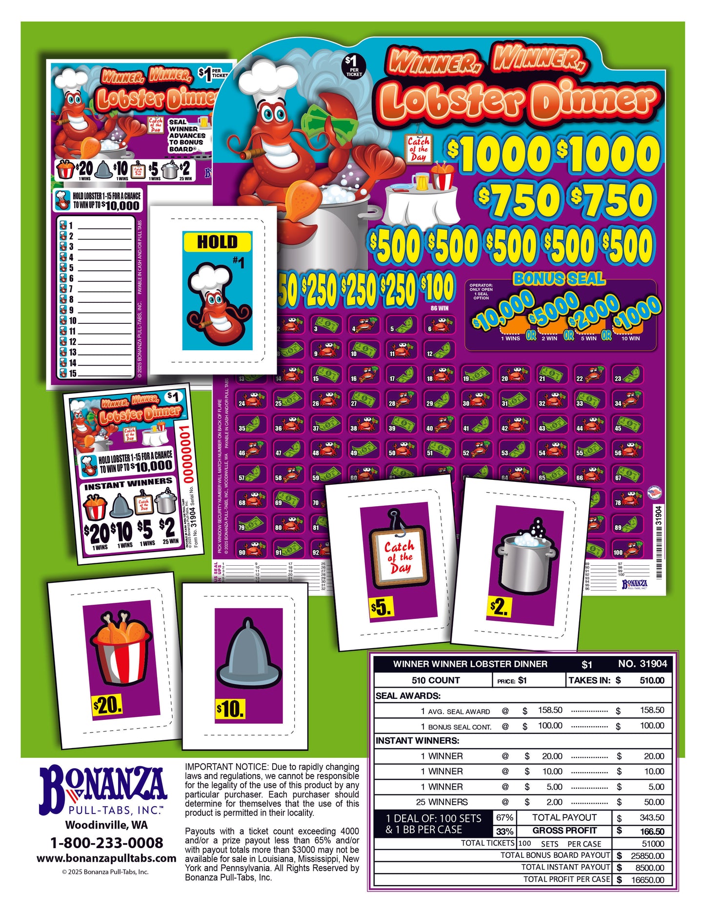 Winner Winner Lobster Dinner 510ct Bonus Board Pull Tabs