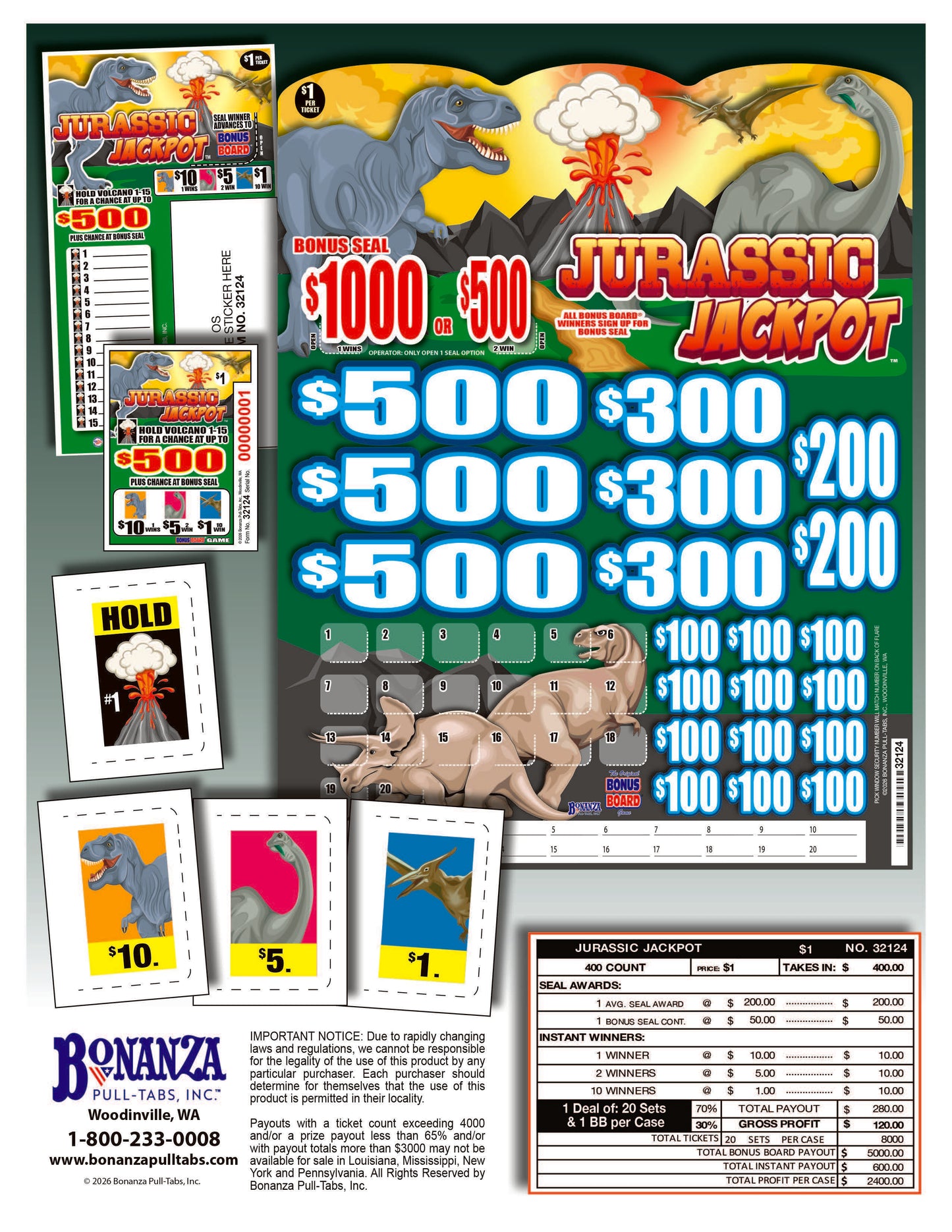 Jurassic Jackpot 400ct Bonus Board Pull Tabs