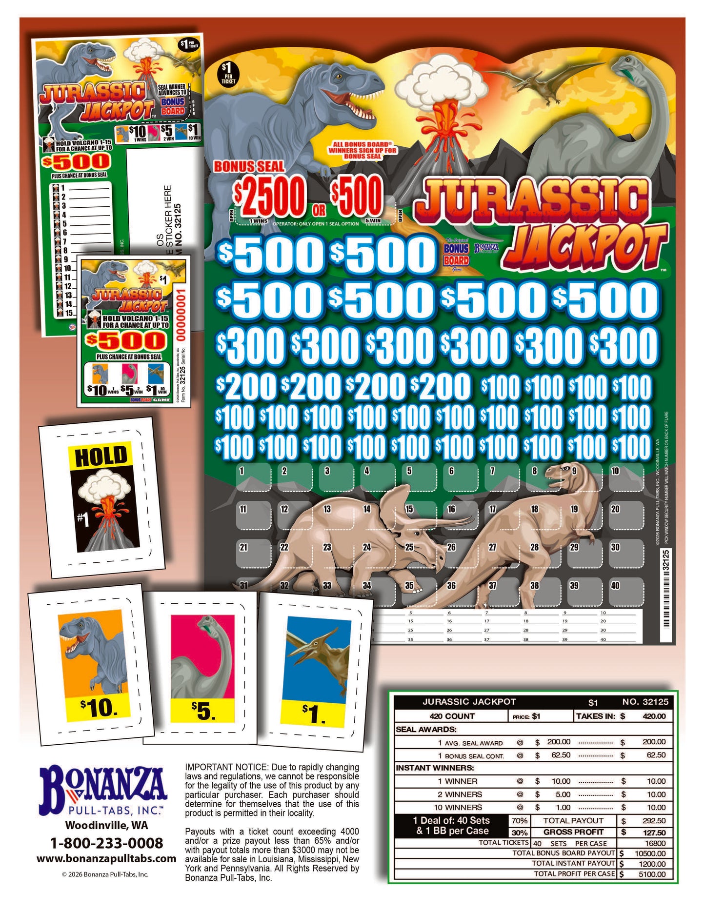 Jurassic Jackpot 420ct Bonus Board Pull Tabs
