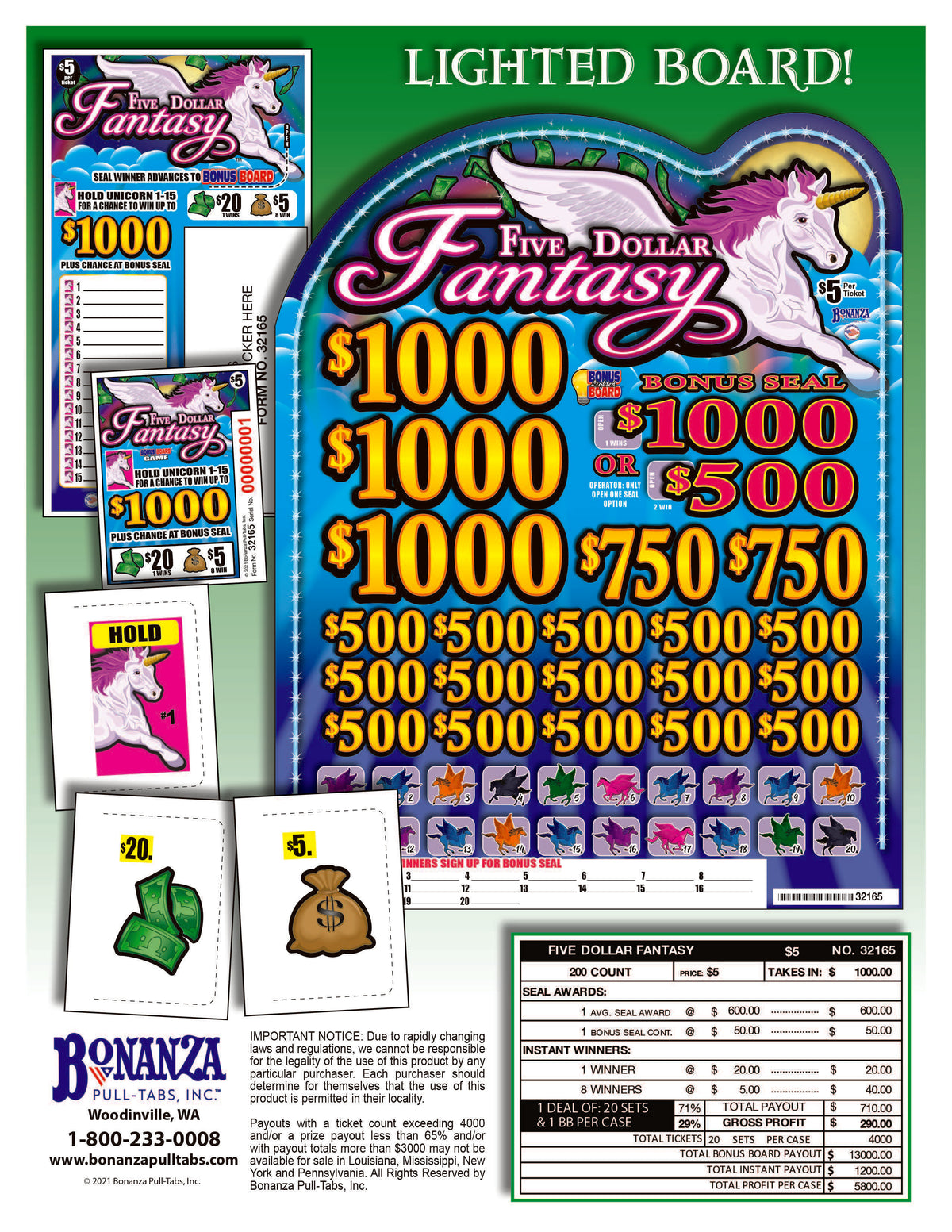 Five Dollar Fantasy $5 200ct Subset Bonus Board Pull Tabs