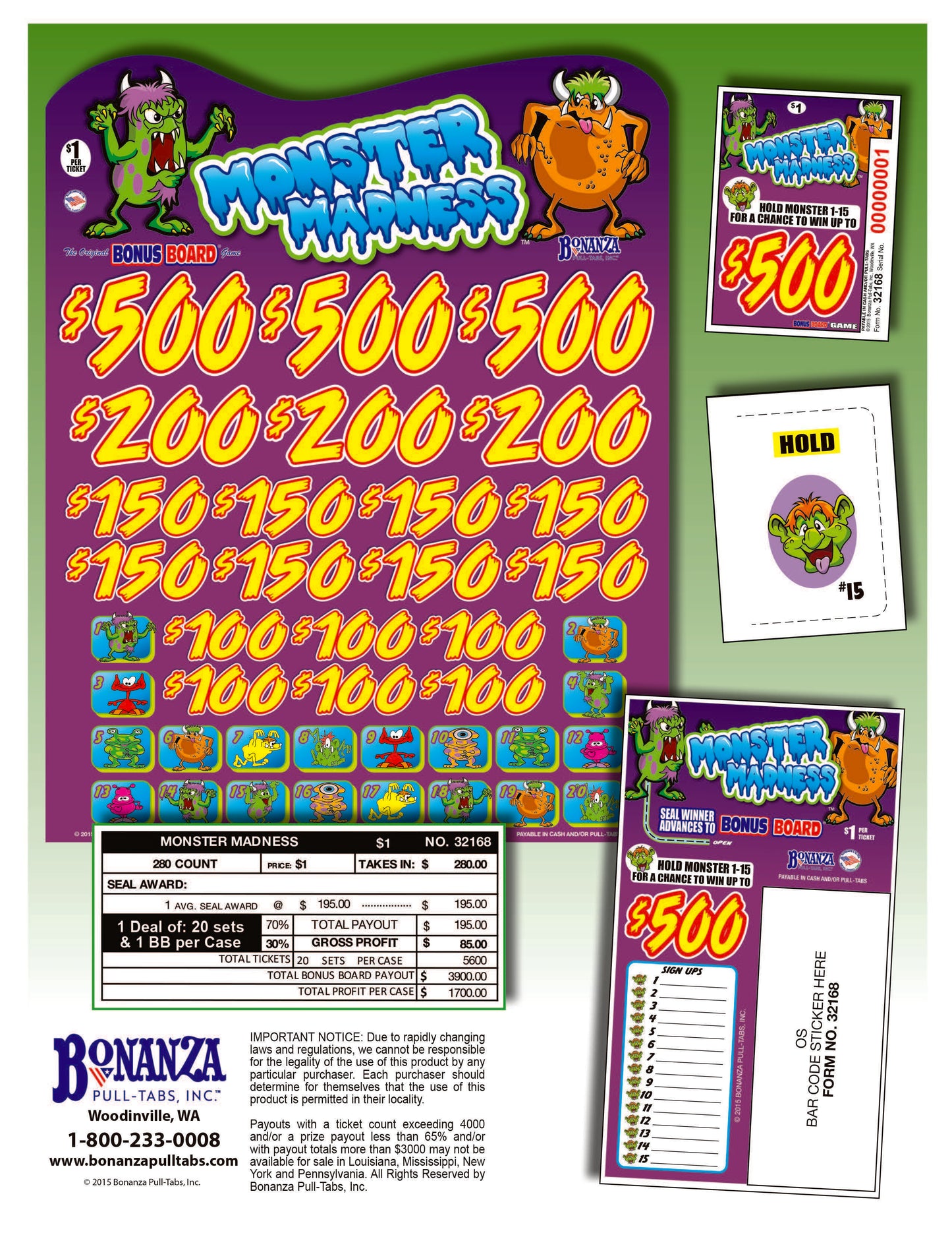 Monster Madness 280ct Subset Bonus Board Pull Tabs