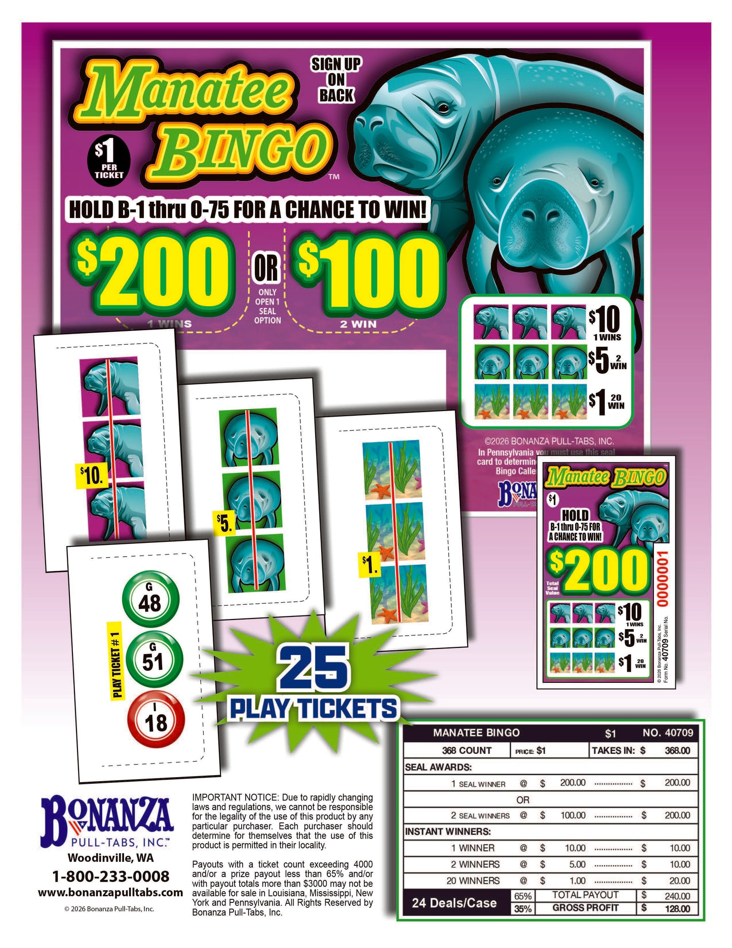 Manatee Bingo 368ct Seal Game Pull Tab