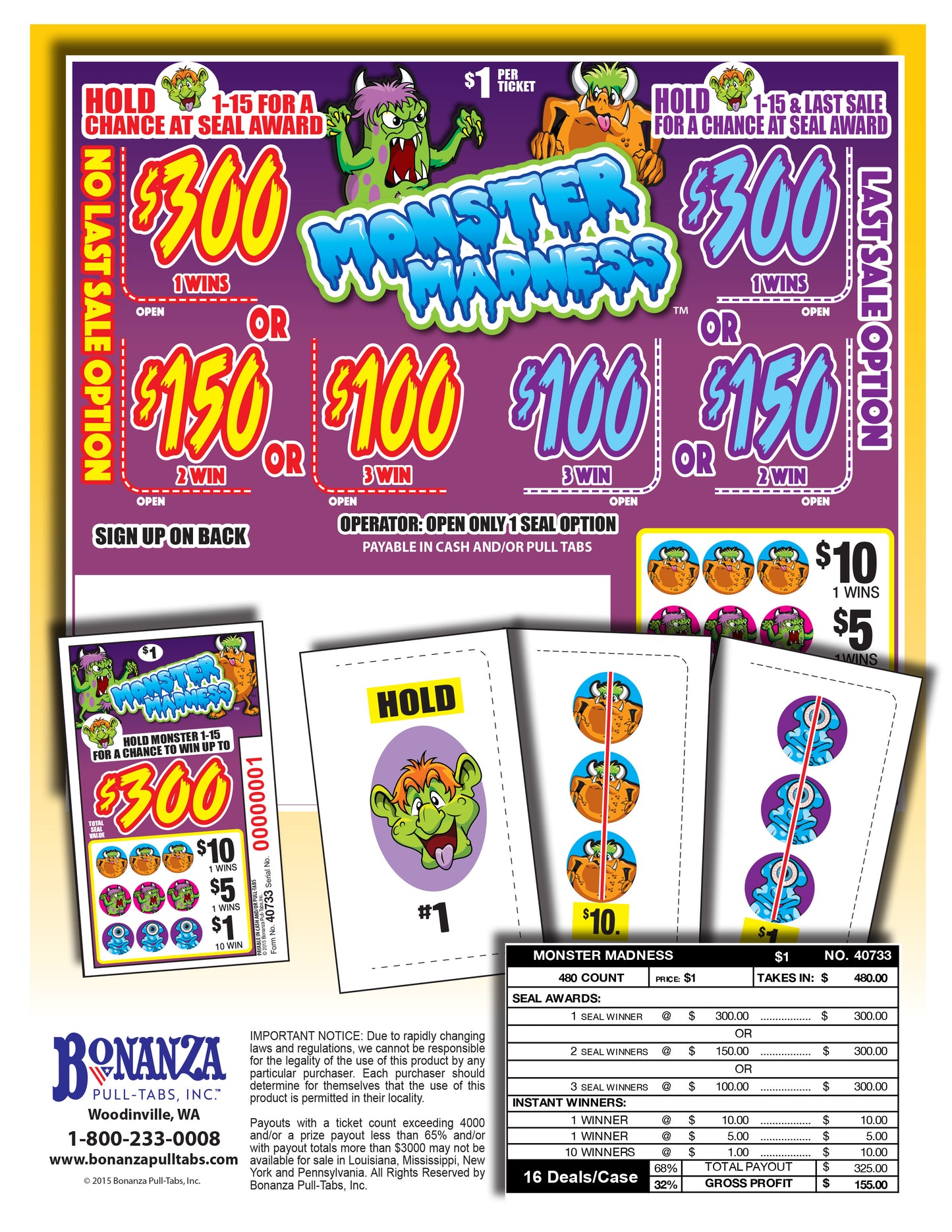 Monster Madness 480ct Seal Game Pull Tabs