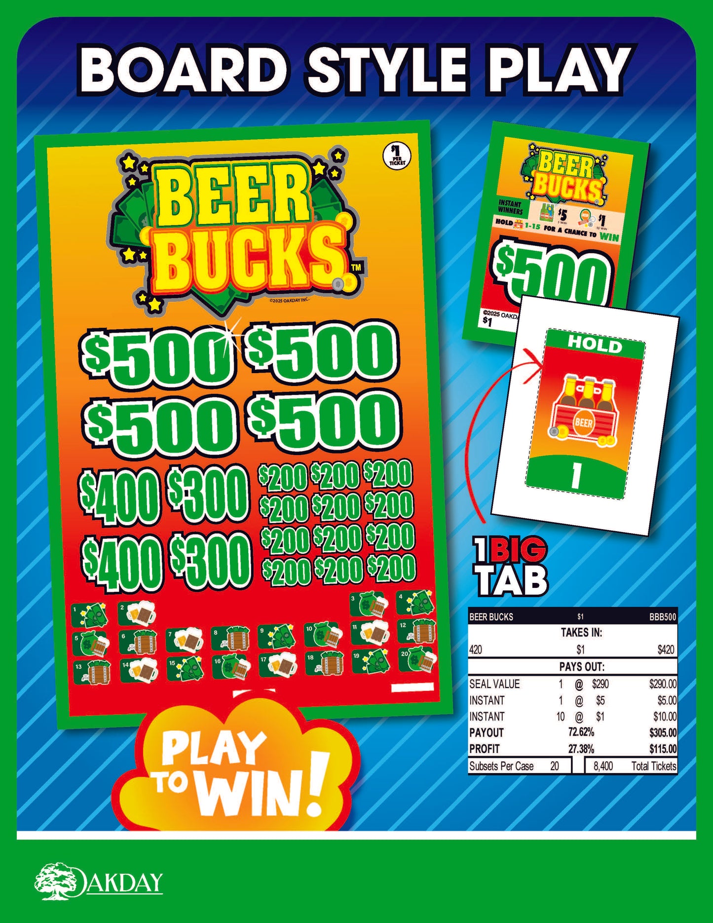 Beer Bucks 420ct Subset Bonus Board Pull Tabs