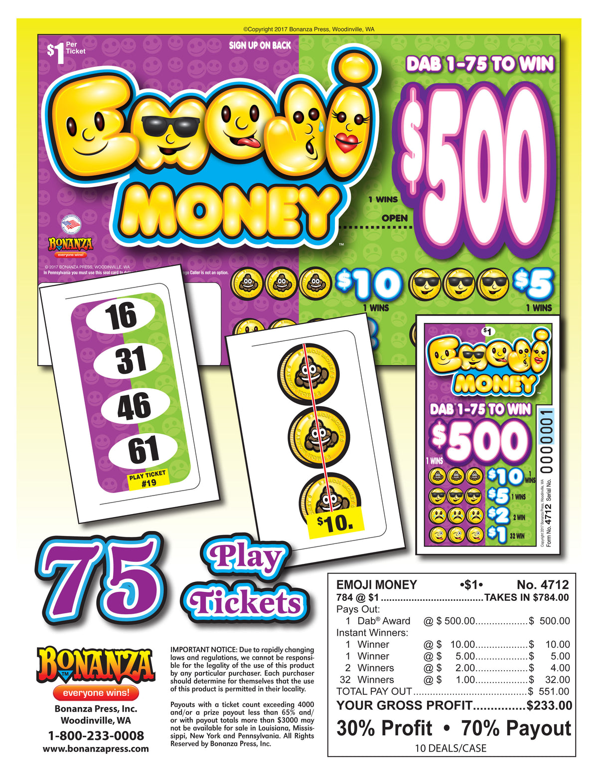 Emoji Money 784ct Daub Tickets Pull Tabs