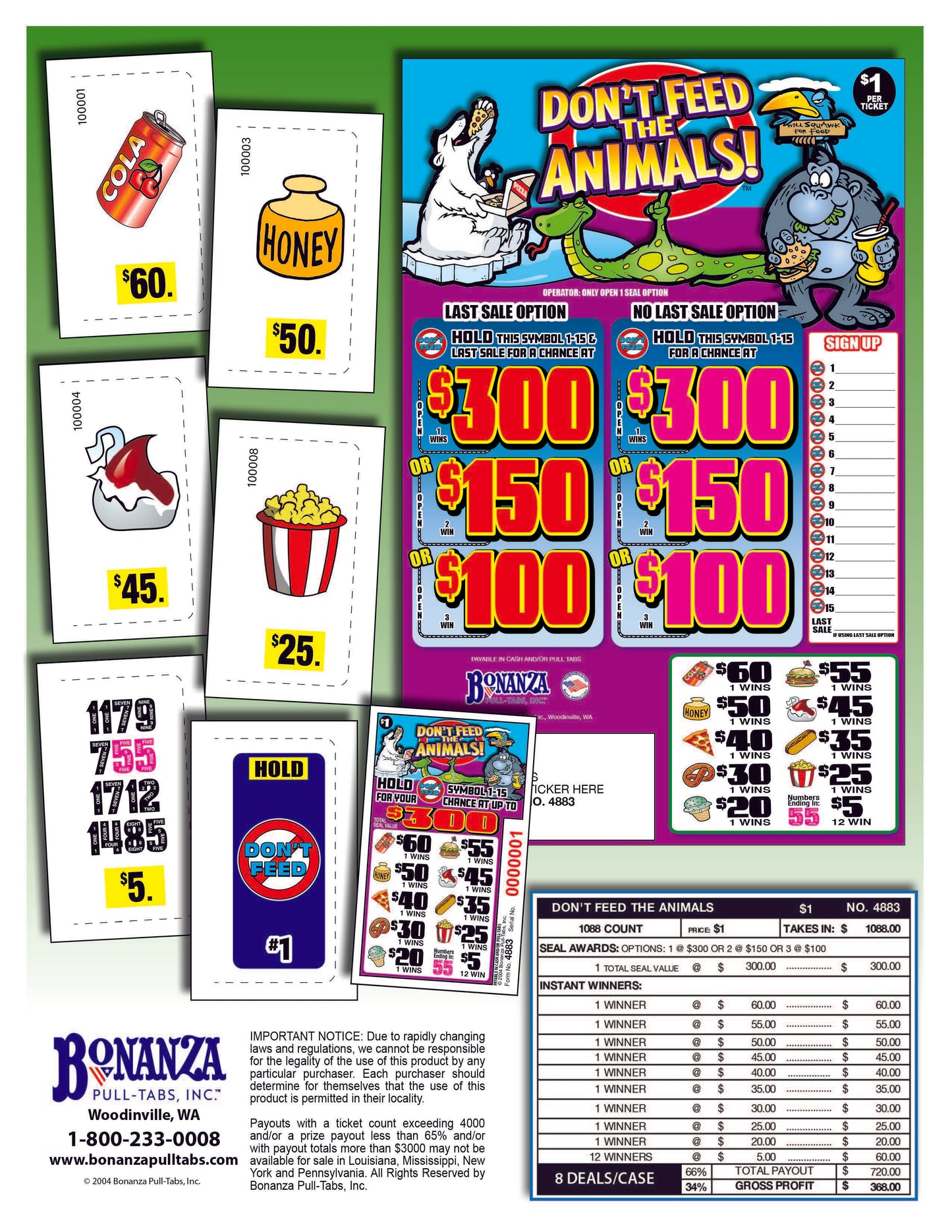 Don't Feed the Animals 1088ct Seal Game Pull Tabs