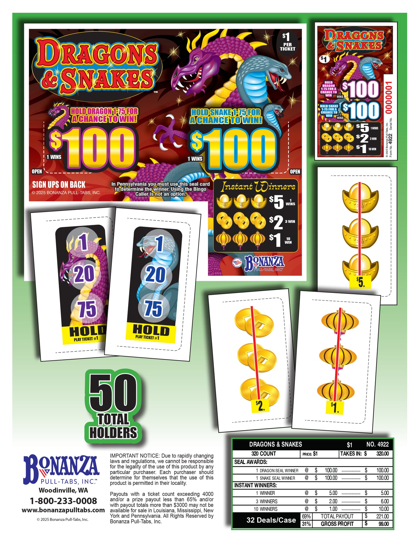Dragons & Snakes 320ct Seal Game Pull Tabs