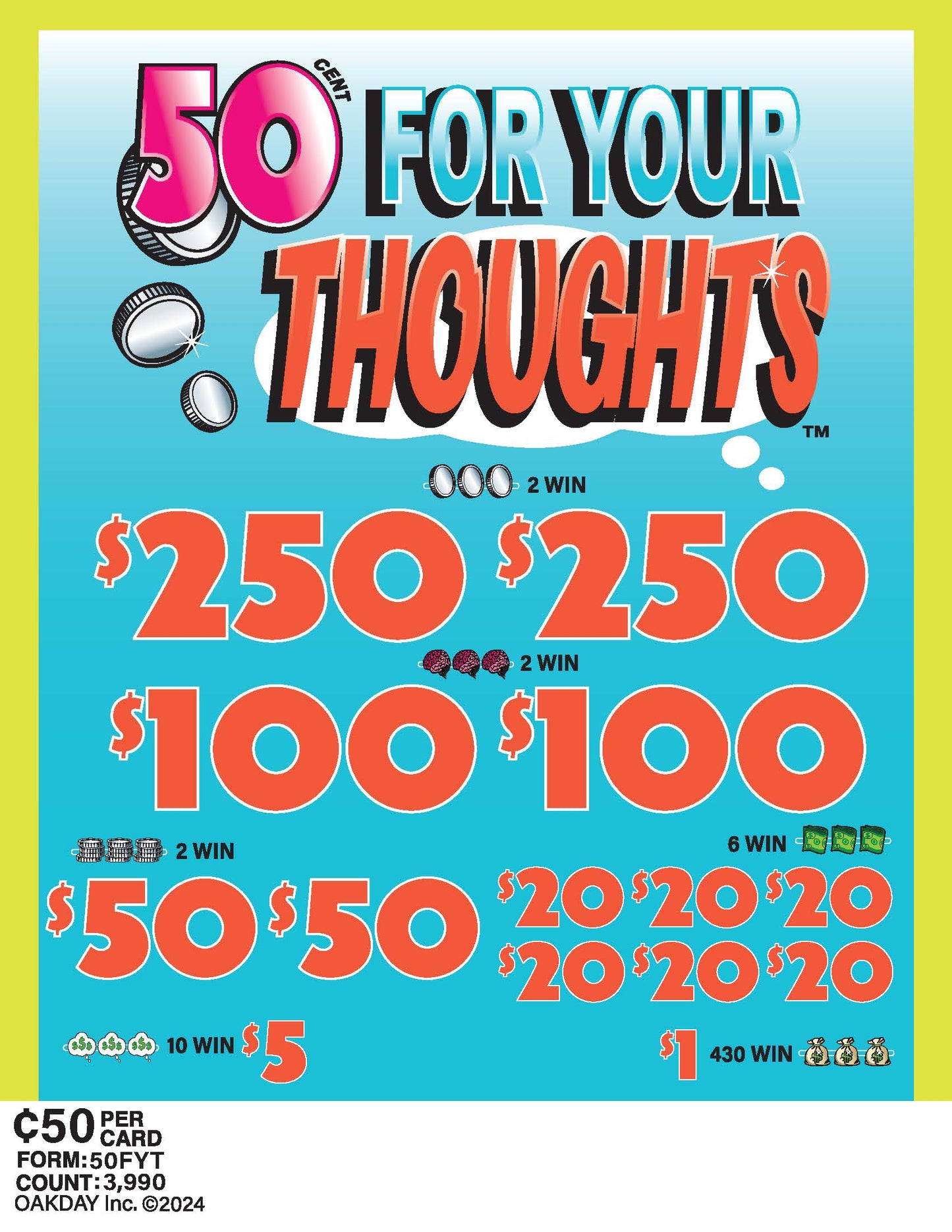 50 For Your Thoughts $0.50 Instant 2-$250 Pull Tabs