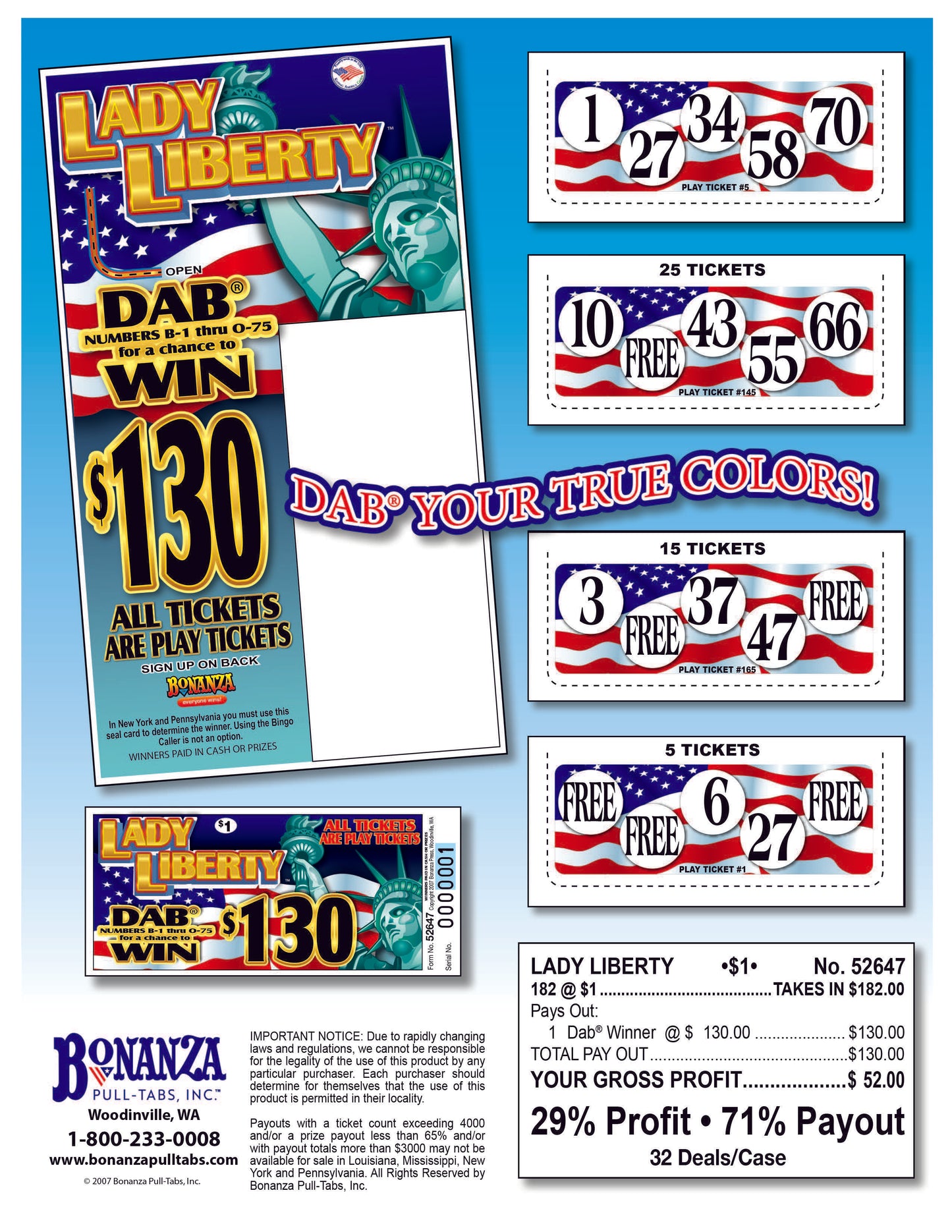 Lady Liberty 182ct Daub Game Pull Tabs