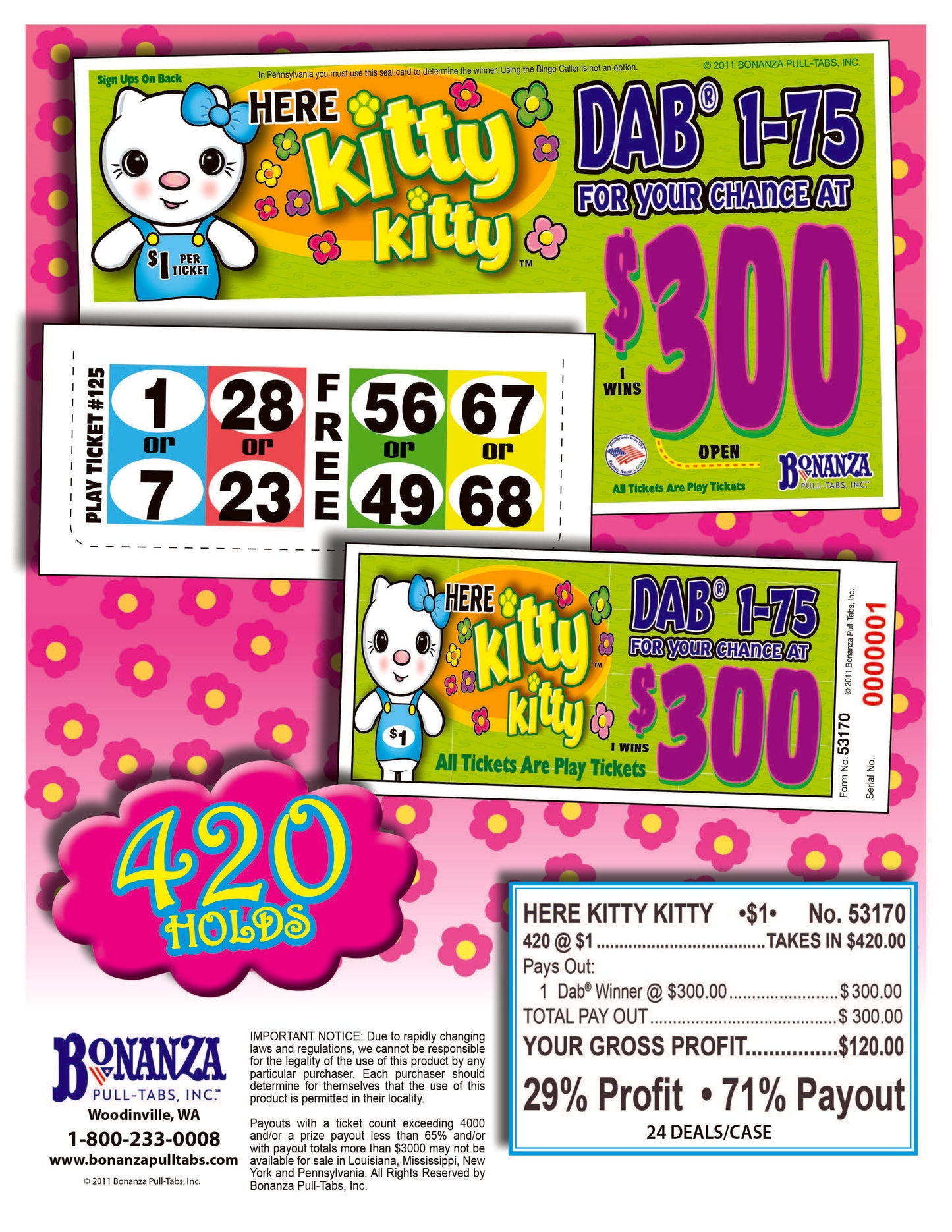 Here Kitty Kitty $1 420ct Daub Game Pull Tabs
