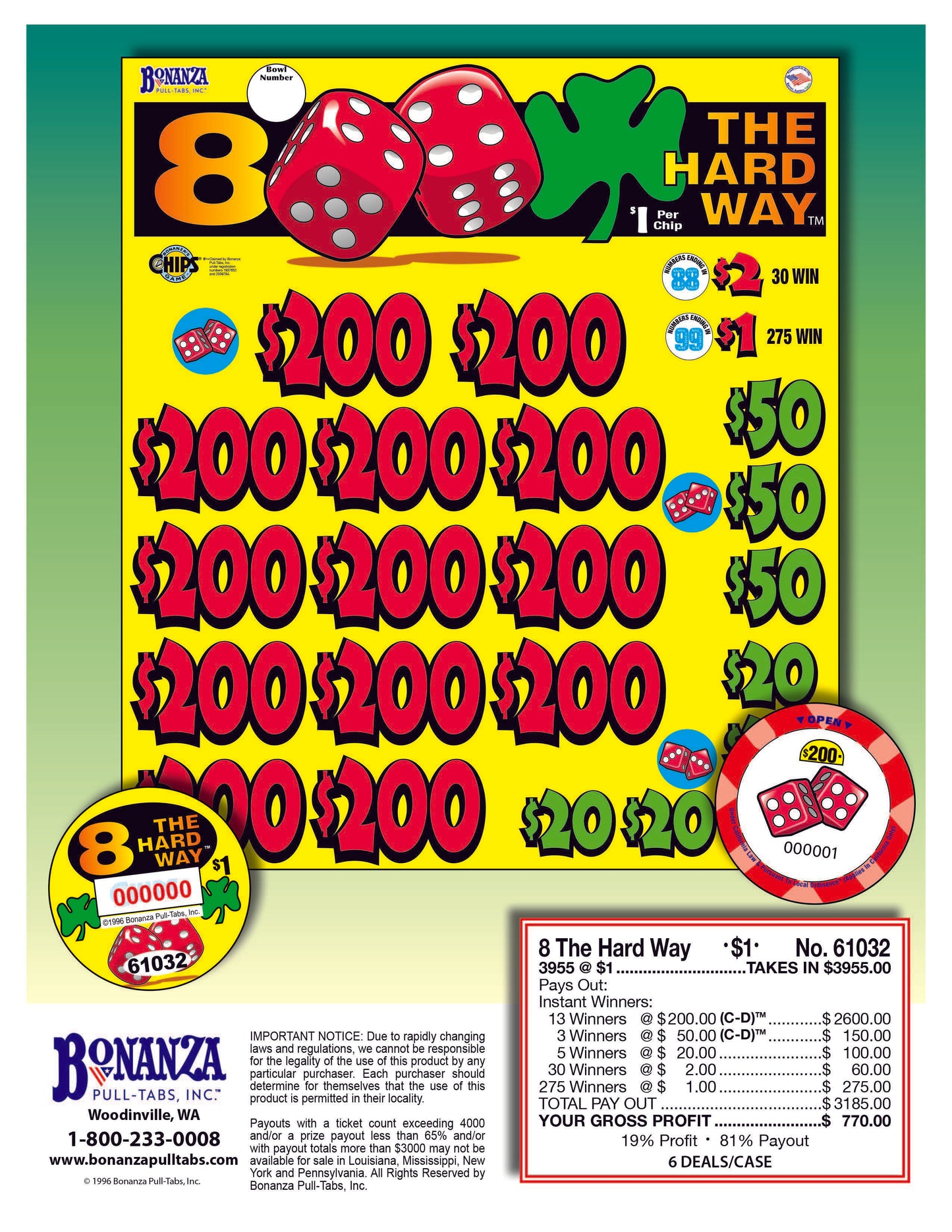 8 The Hard Way 3955ct Chip Pull Tabs