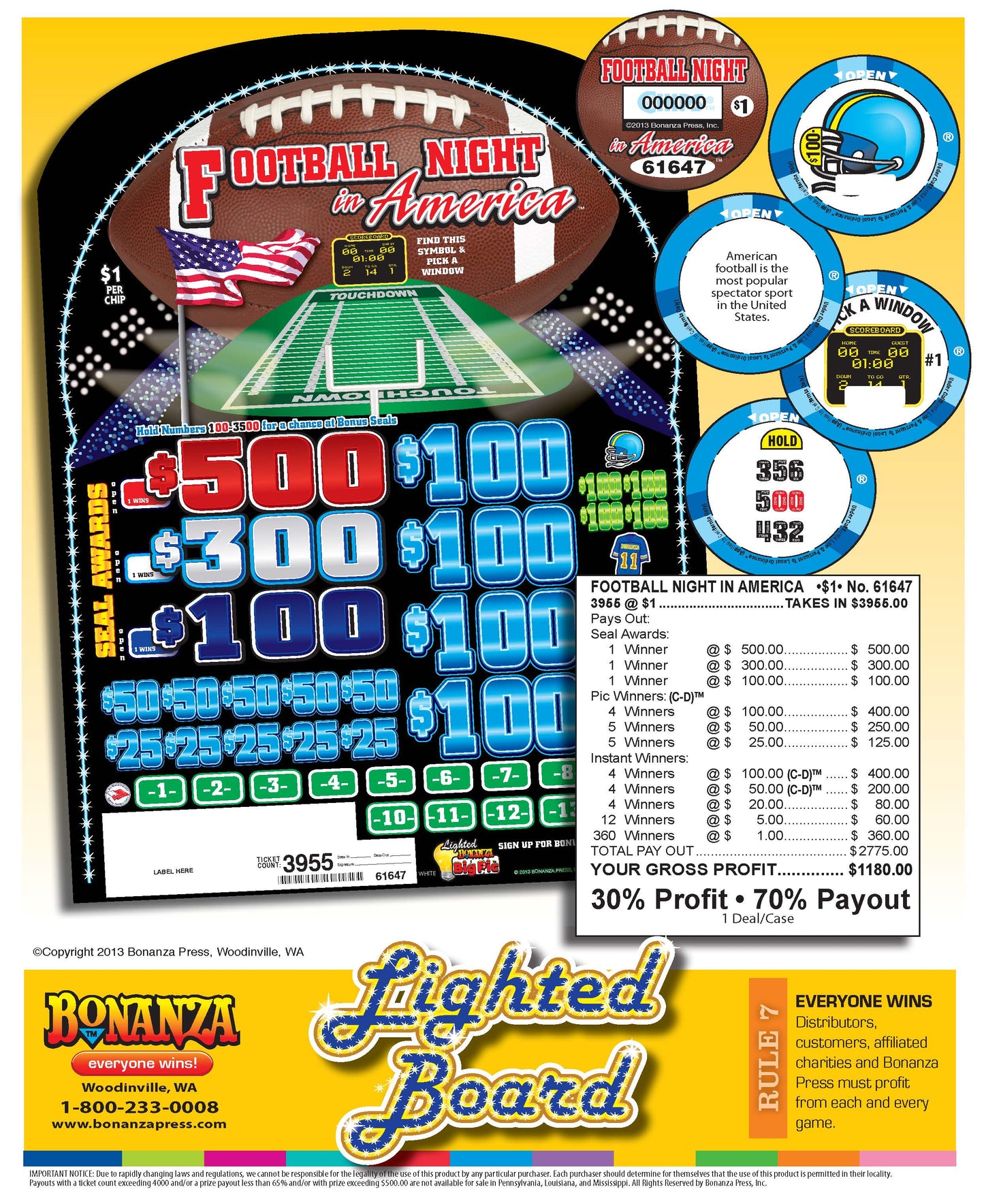 Football Nights in America 3955ct Lighted Bonus Board Chip Pull Tabs