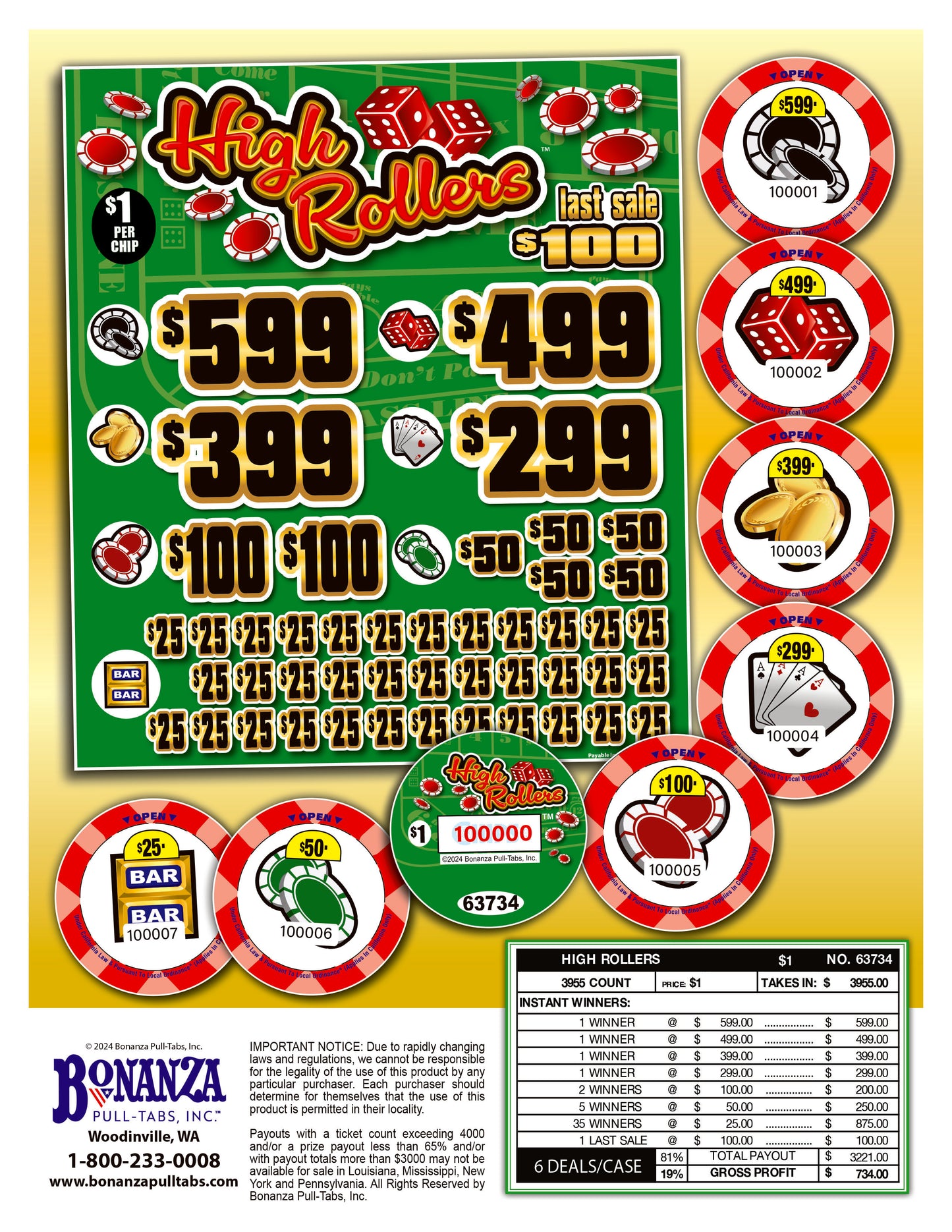 High Rollers 3955ct Chip Pull Tabs