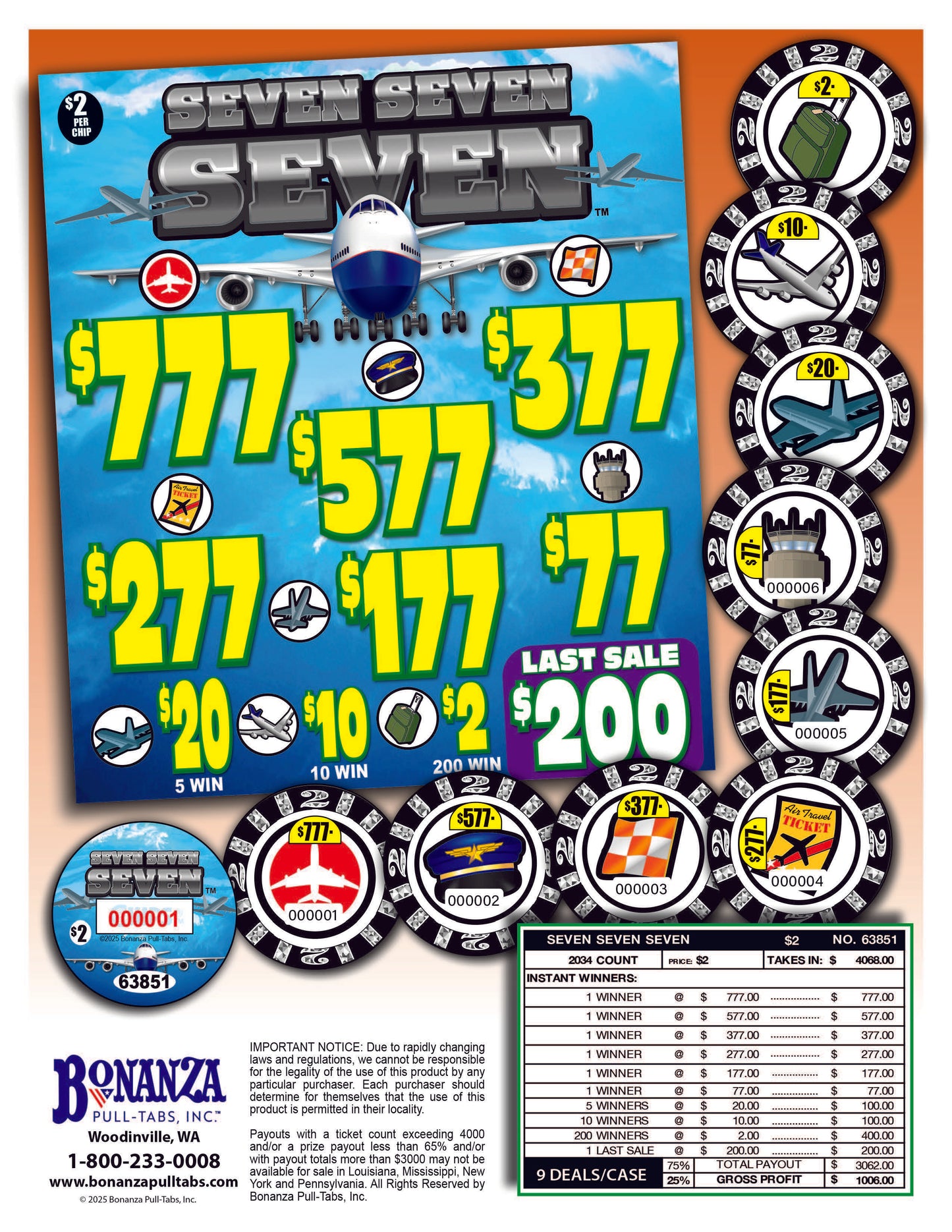 Seven Seven Seven LS $2 2034ct Chip Pull Tabs