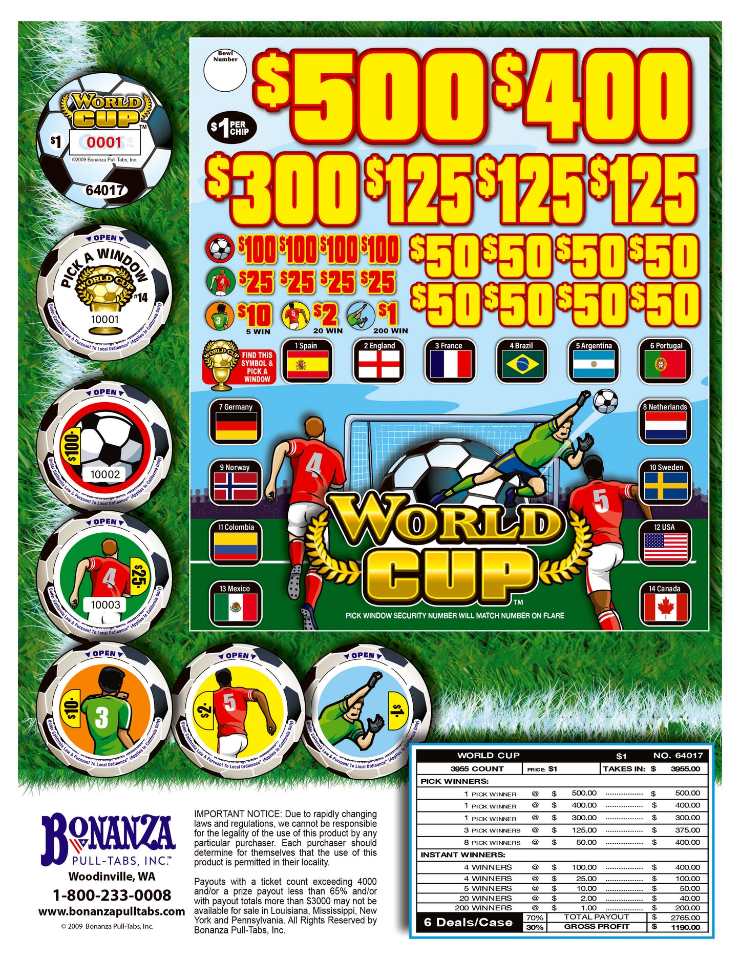 World Cup 3955ct Chip Pull Tab