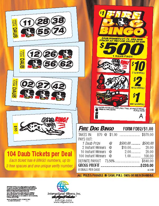 Fire Dog Bingo 870ct Daub Ticket Pull Tabs