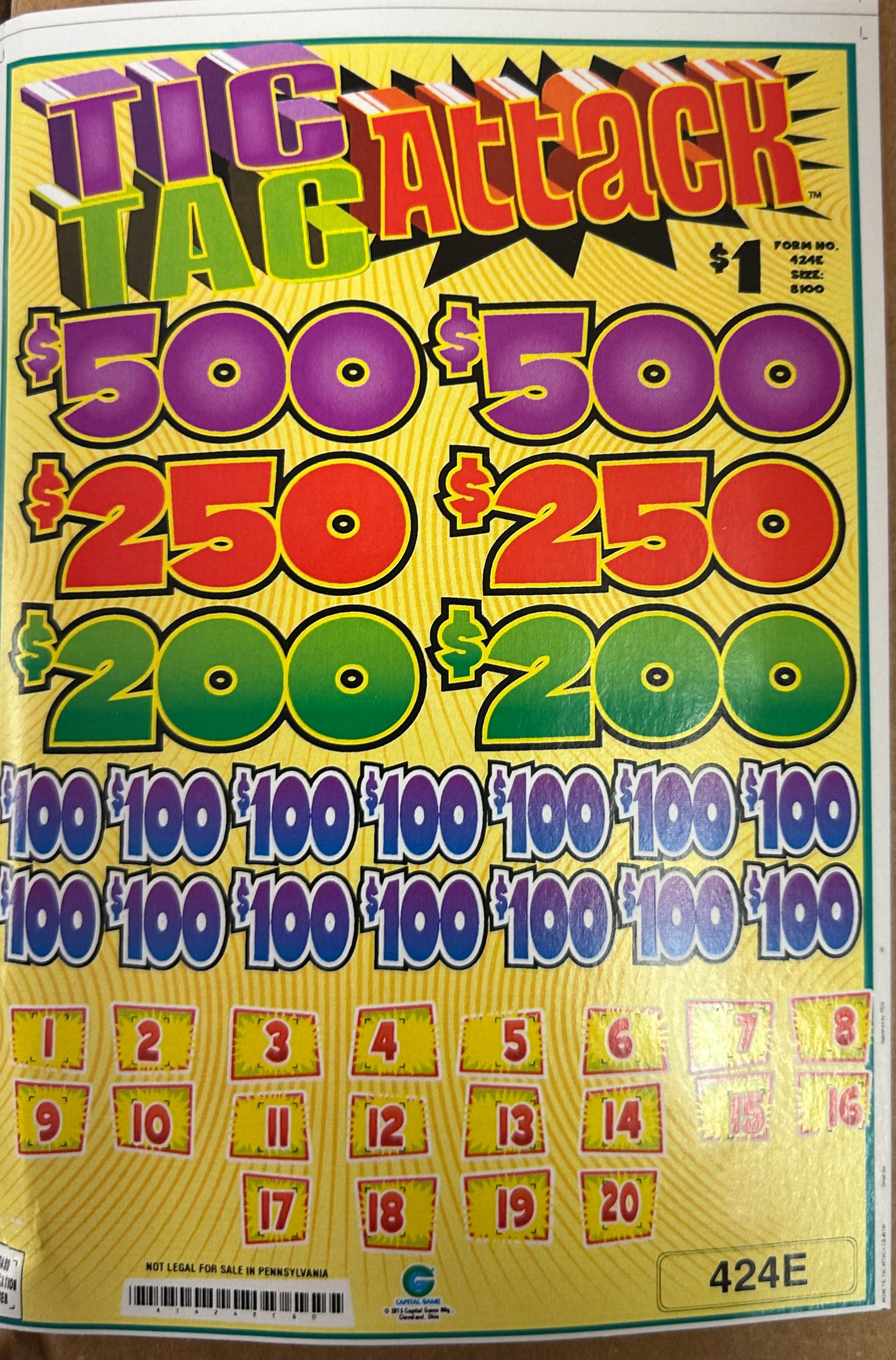 Tic Tac Attack 300ct Daub Ticket Bonus Board Pull Tabs