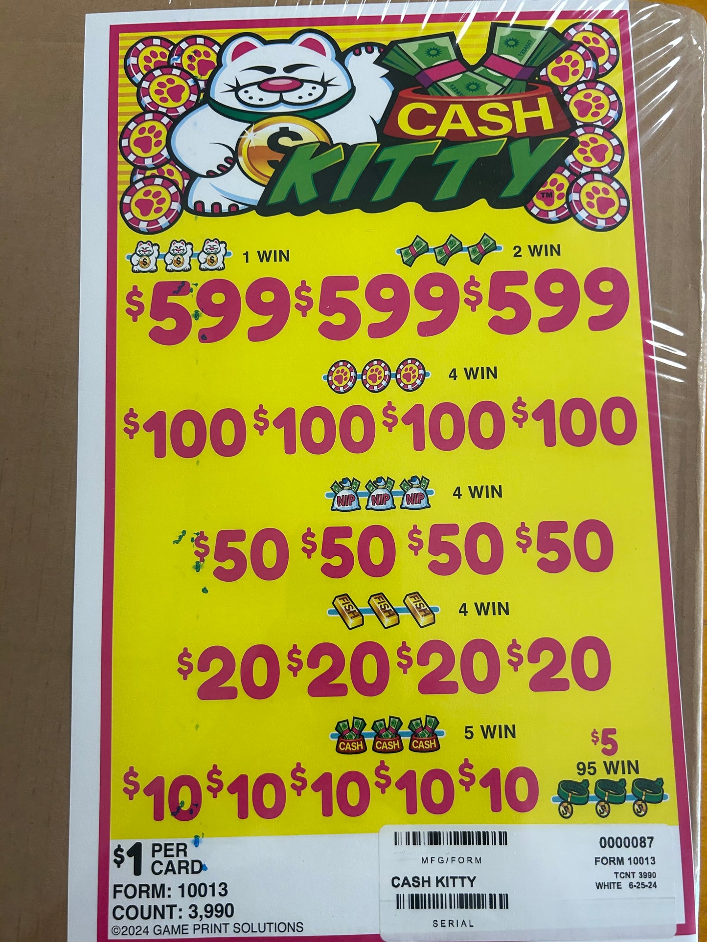 Cash Kitty $1 3990ct 3-$599 Instant Pull Tabs
