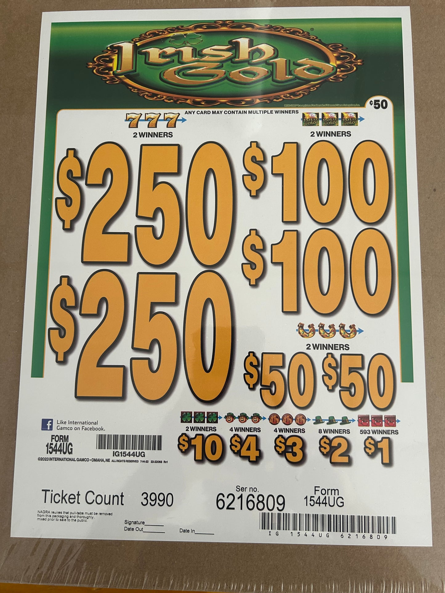 Irish Gold $0.50 2-$250 Pull Tabs