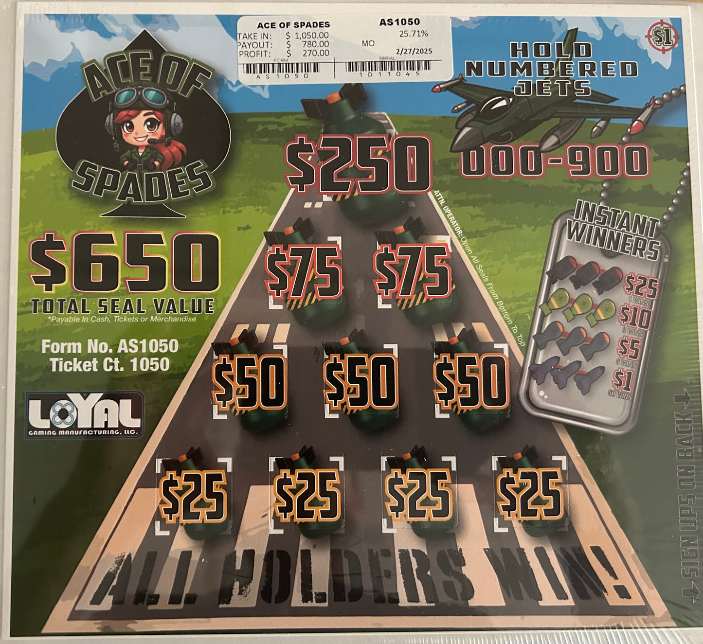 Ace of Spades 1050ct All Holders Win Seal Game Pull Tabs
