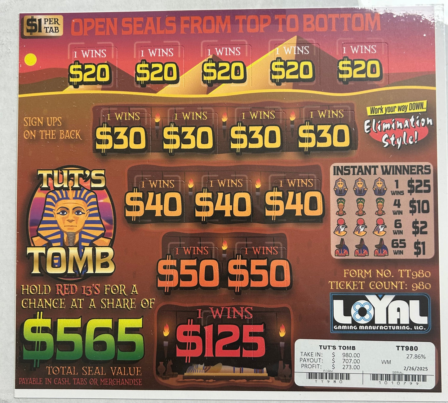 Tut's Tomb 980ct Seal Game Pull Tabs