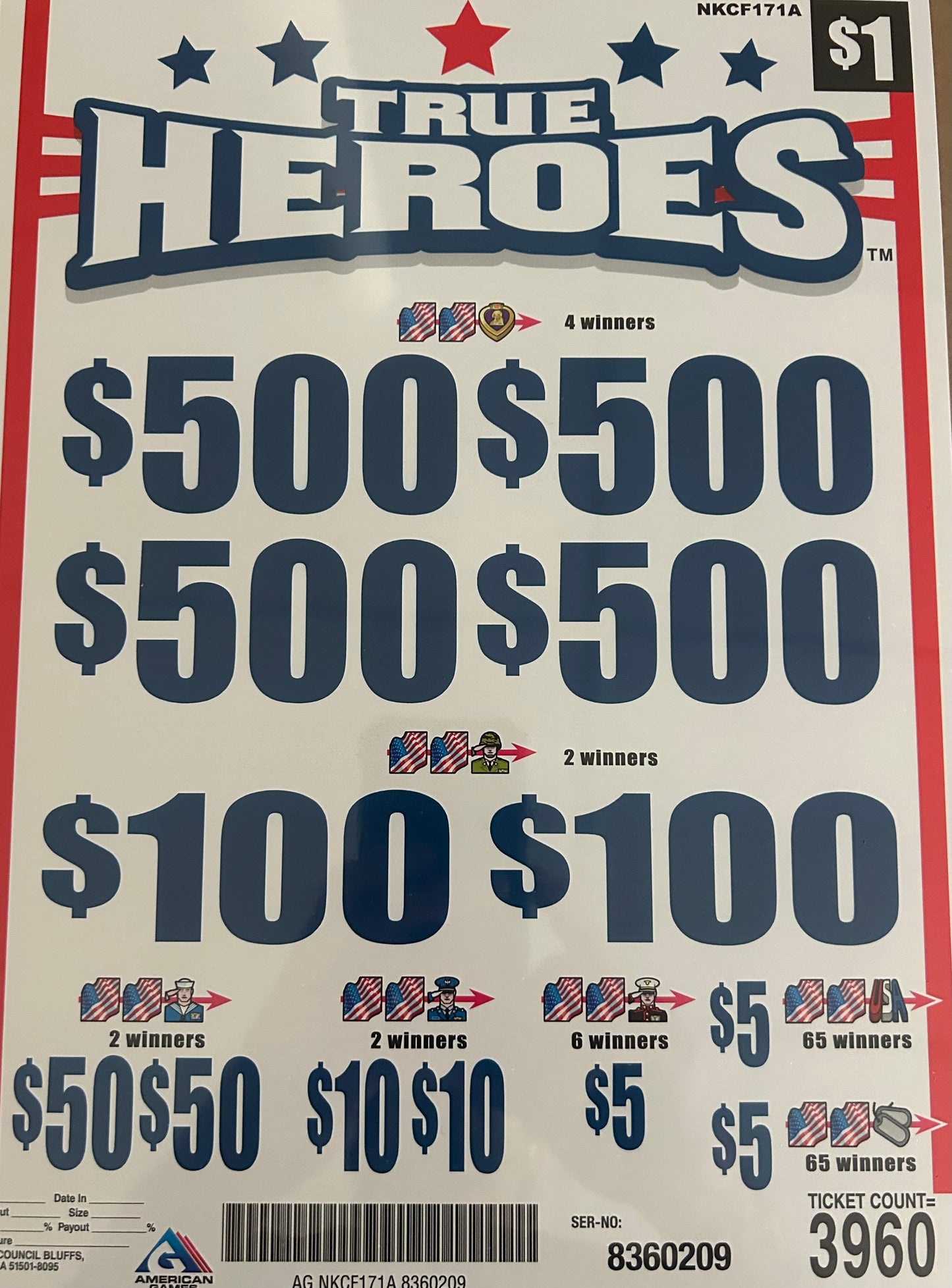 True Heros $1 4/$500 3960ct Instants Pull Tab
