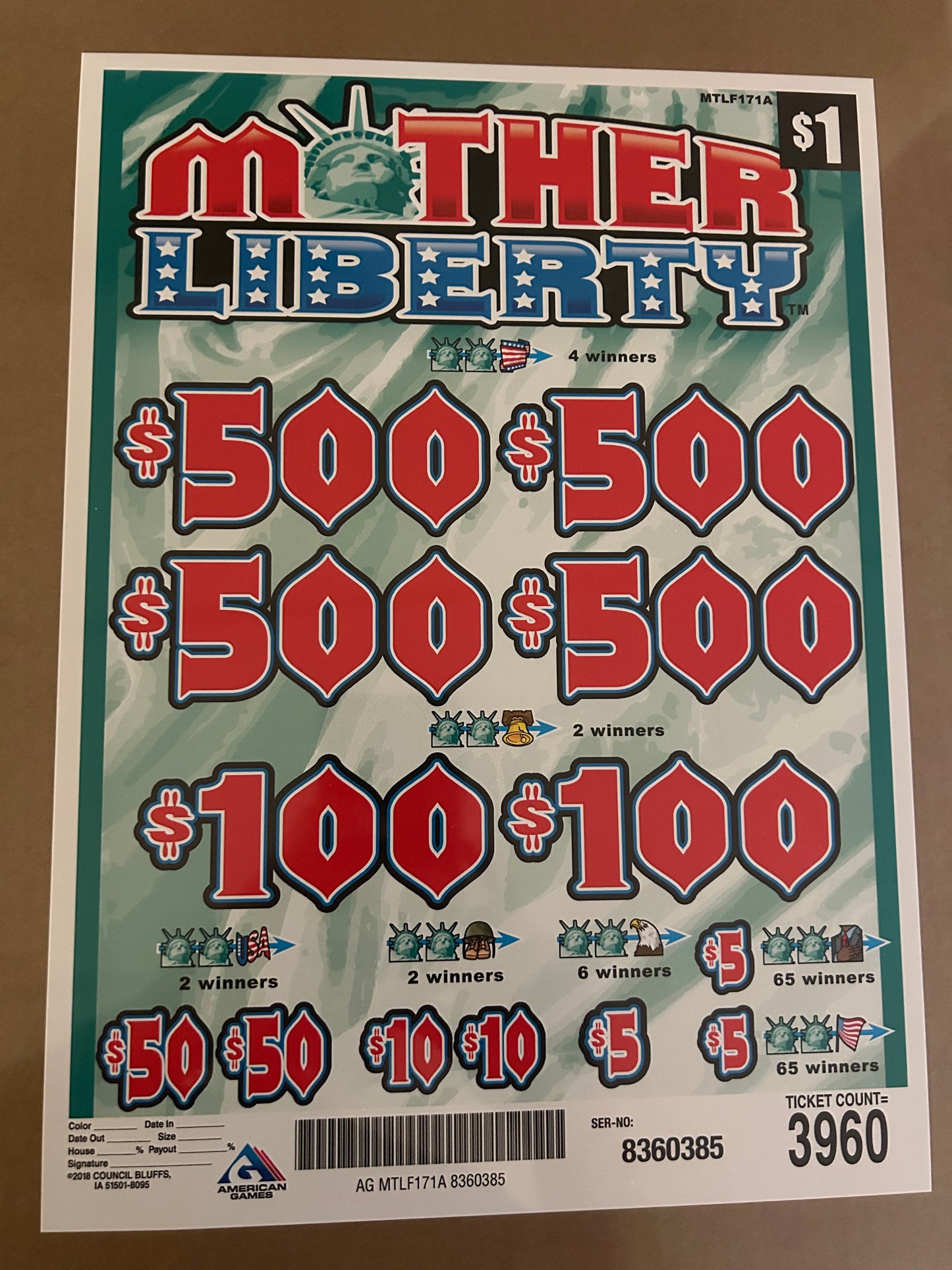 Mother Liberty 3960ct $1 4-$500 Instant Pull Tabs