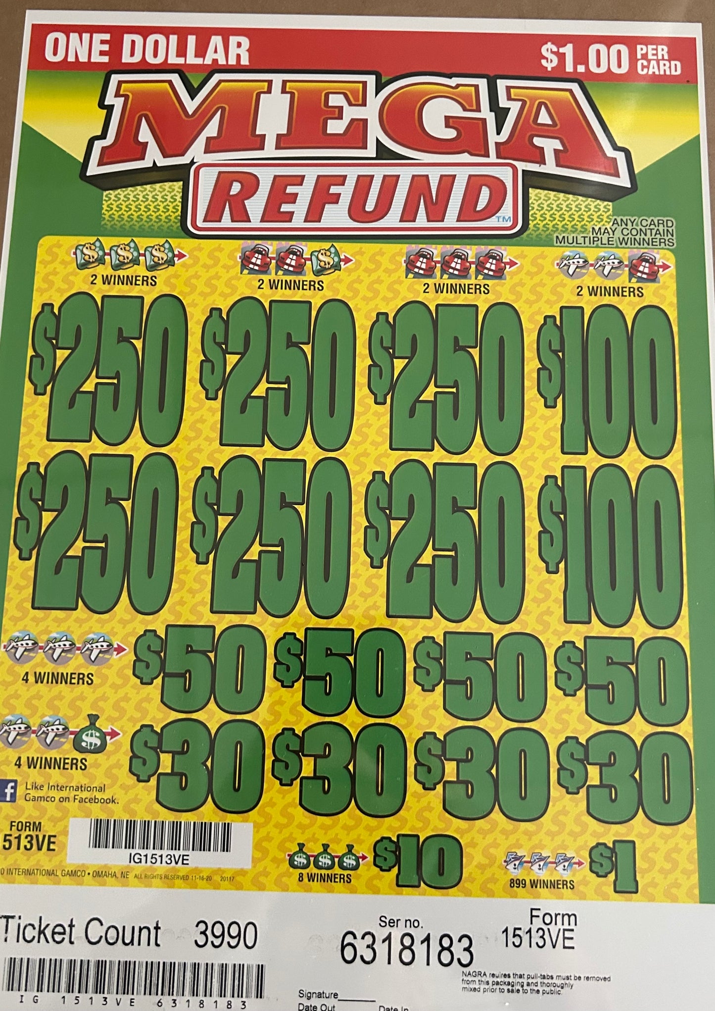 Mega Refund 3990ct $1 6-$250 Instant Pull Tabs