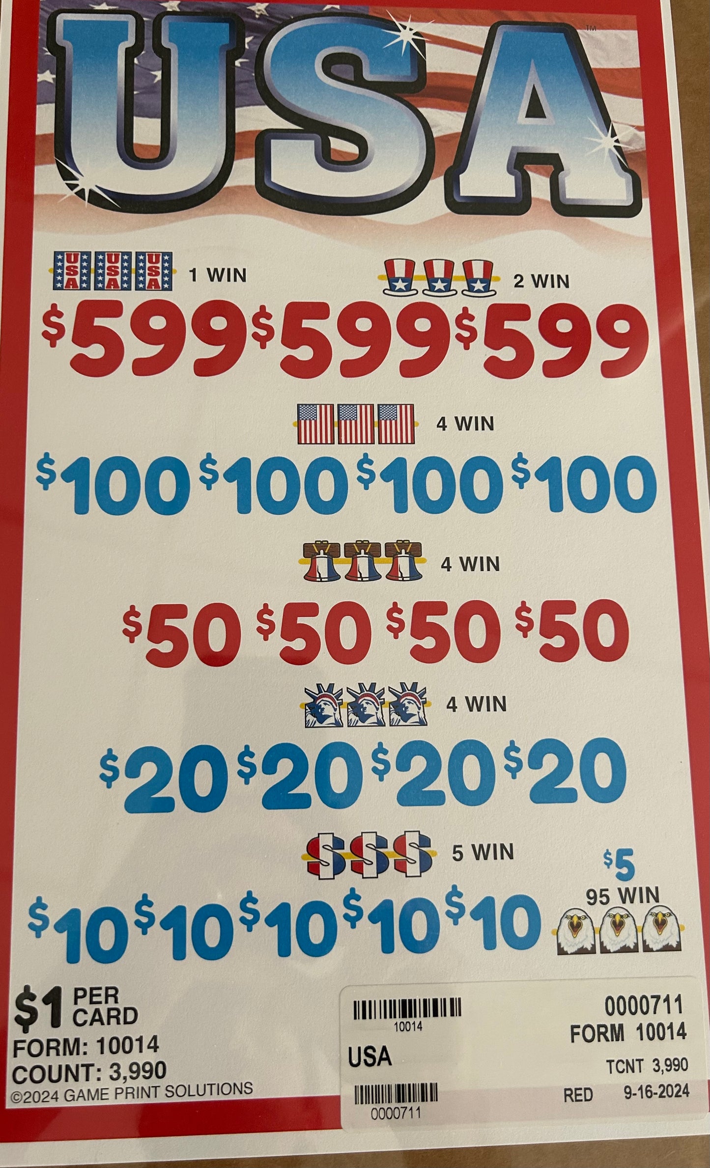 USA 3990ct $1 3-$599 Instant Pull Tabs