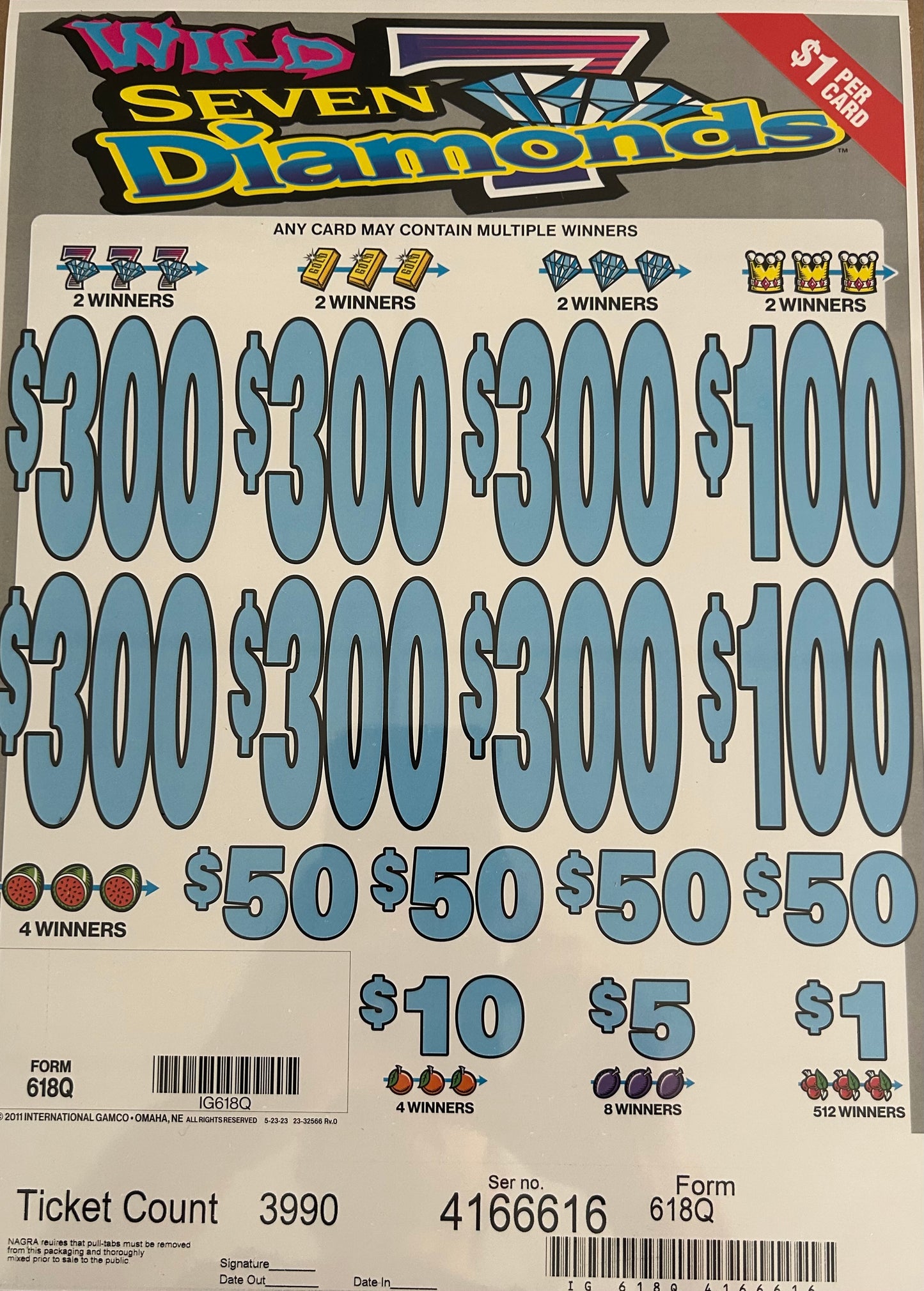 Wild Seven Diamonds 3990ct $1 6-$300 Instant Pull Tabs