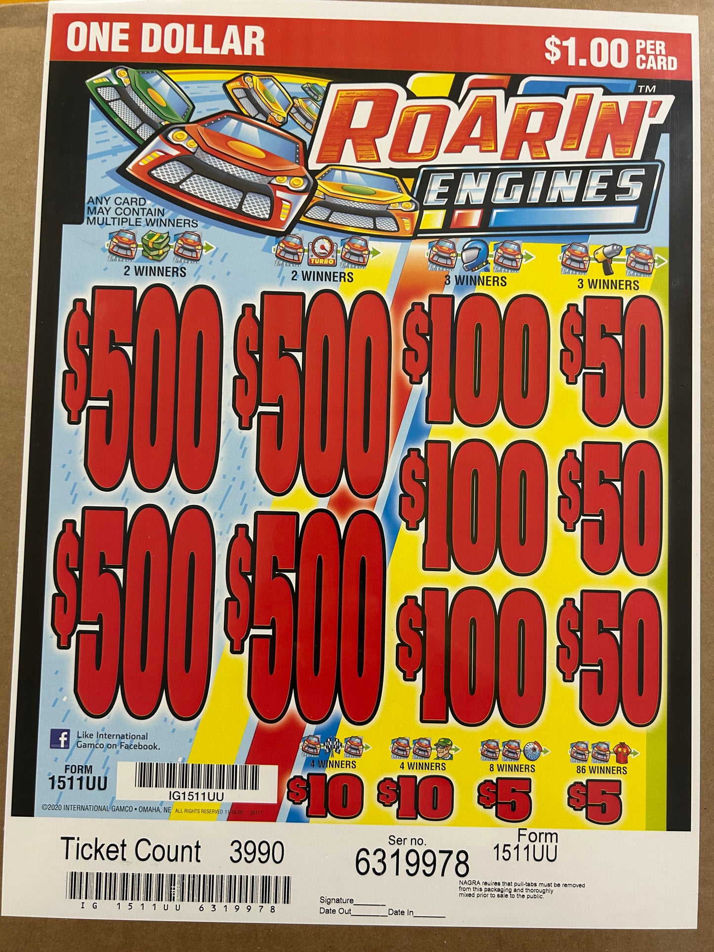 Roarin Engines 3990ct $1 4-$500 Instant Pull Tabs