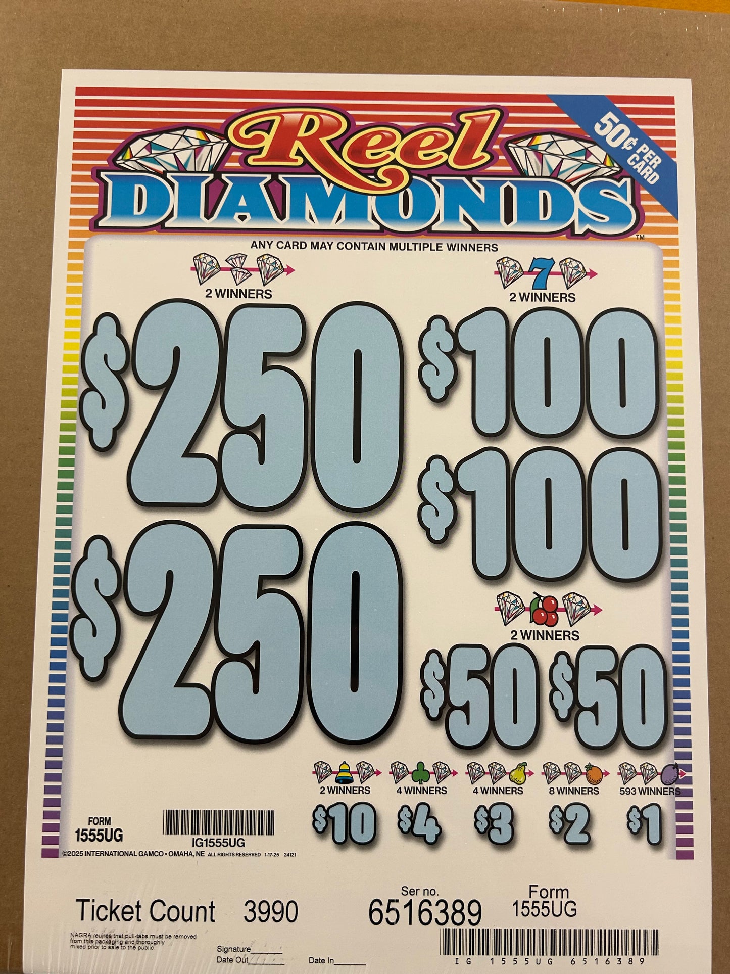 Reel Diamonds 3990ct $0.50 2-$250 Instant Pull Tabs