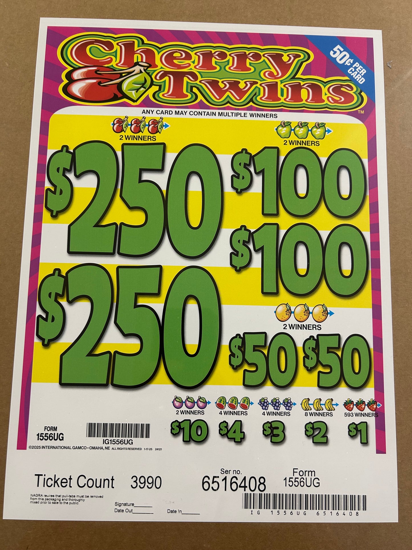 Cherry Twins $0.50 3990ct 2-$250 Instant Pull Tabs