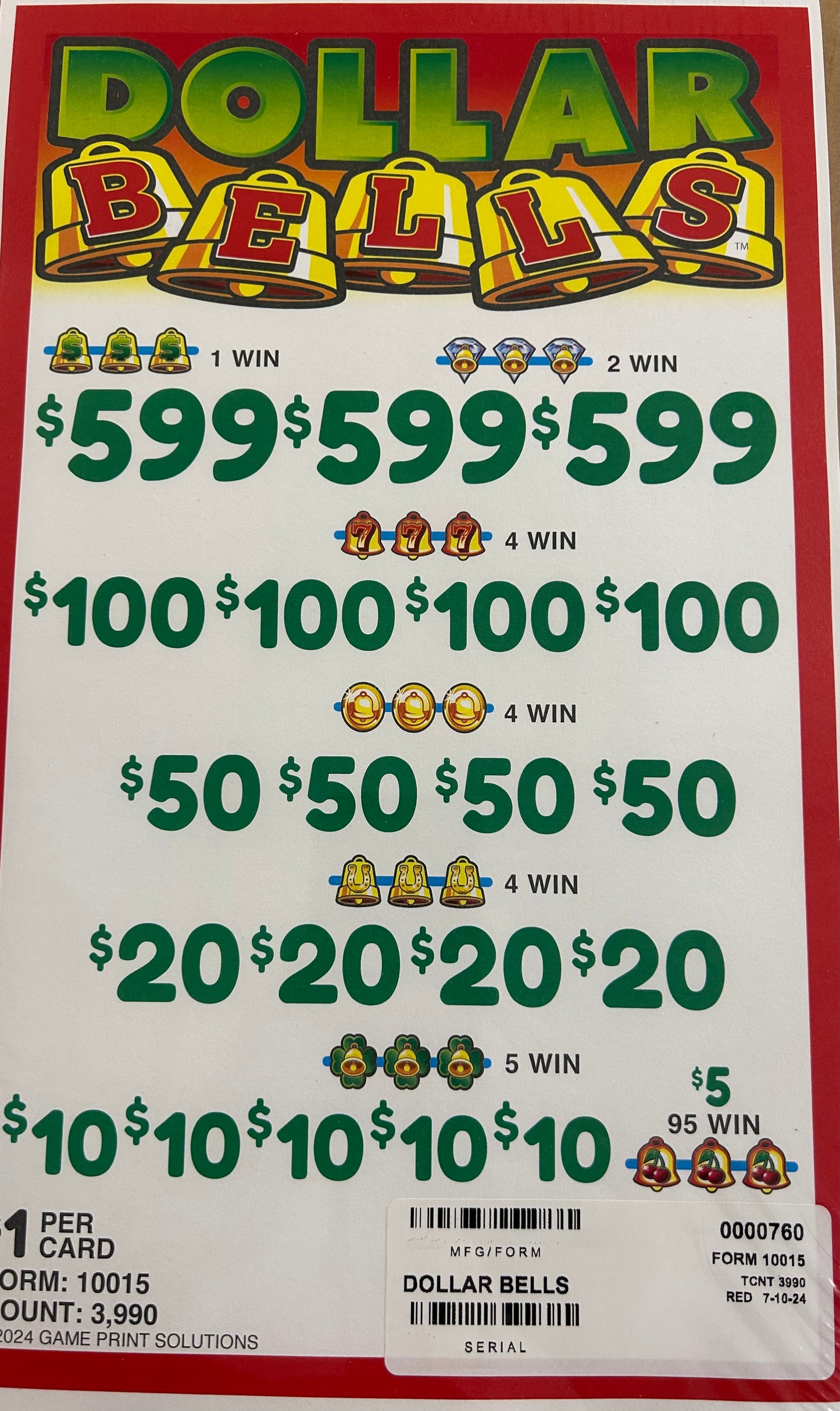 Dollar Bells 3990ct $1 3-$599 Instant Pull Tabs