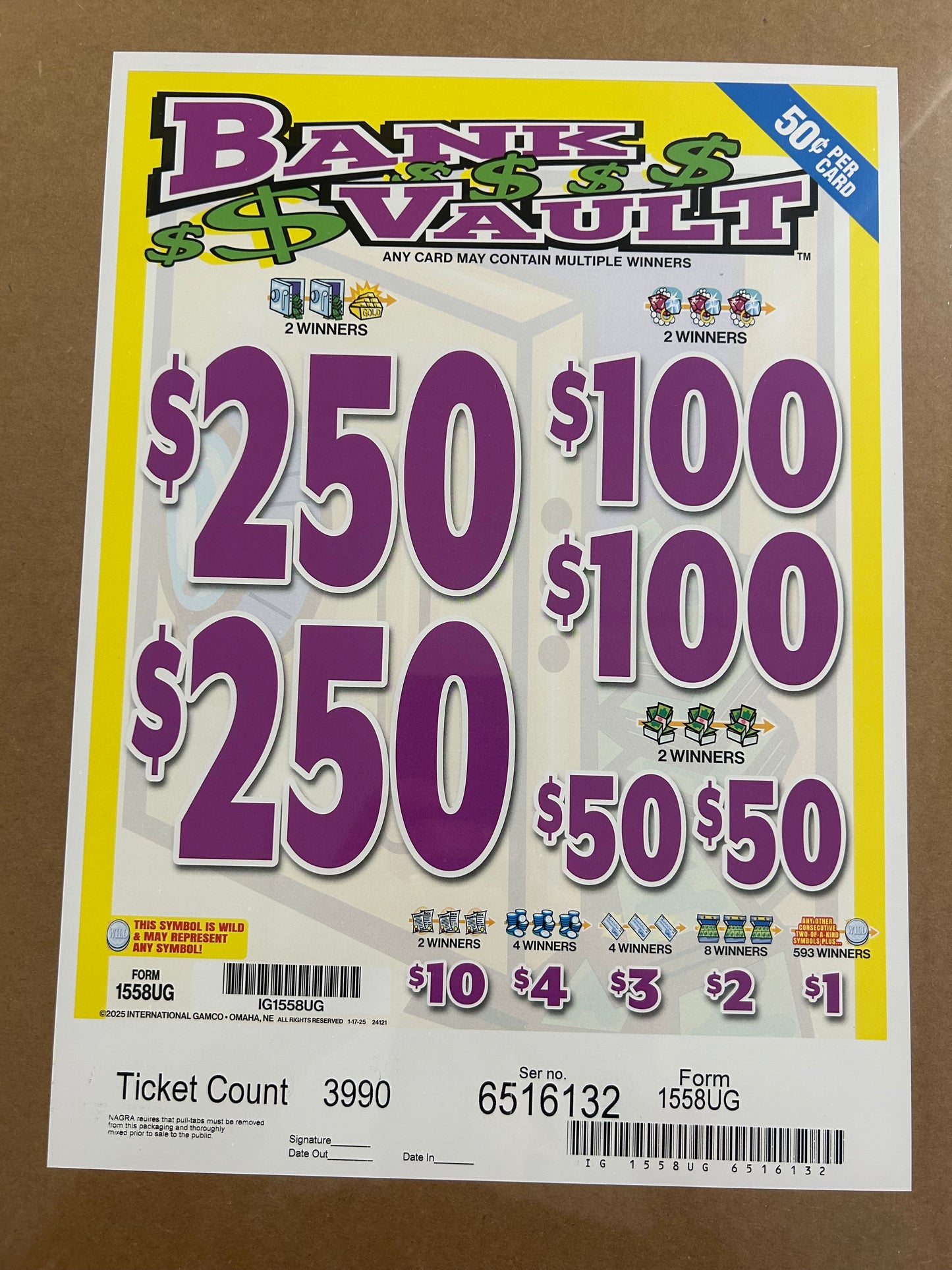 Bank Vault $0.50 3990ct 2-$250 Instant Pull Tabs