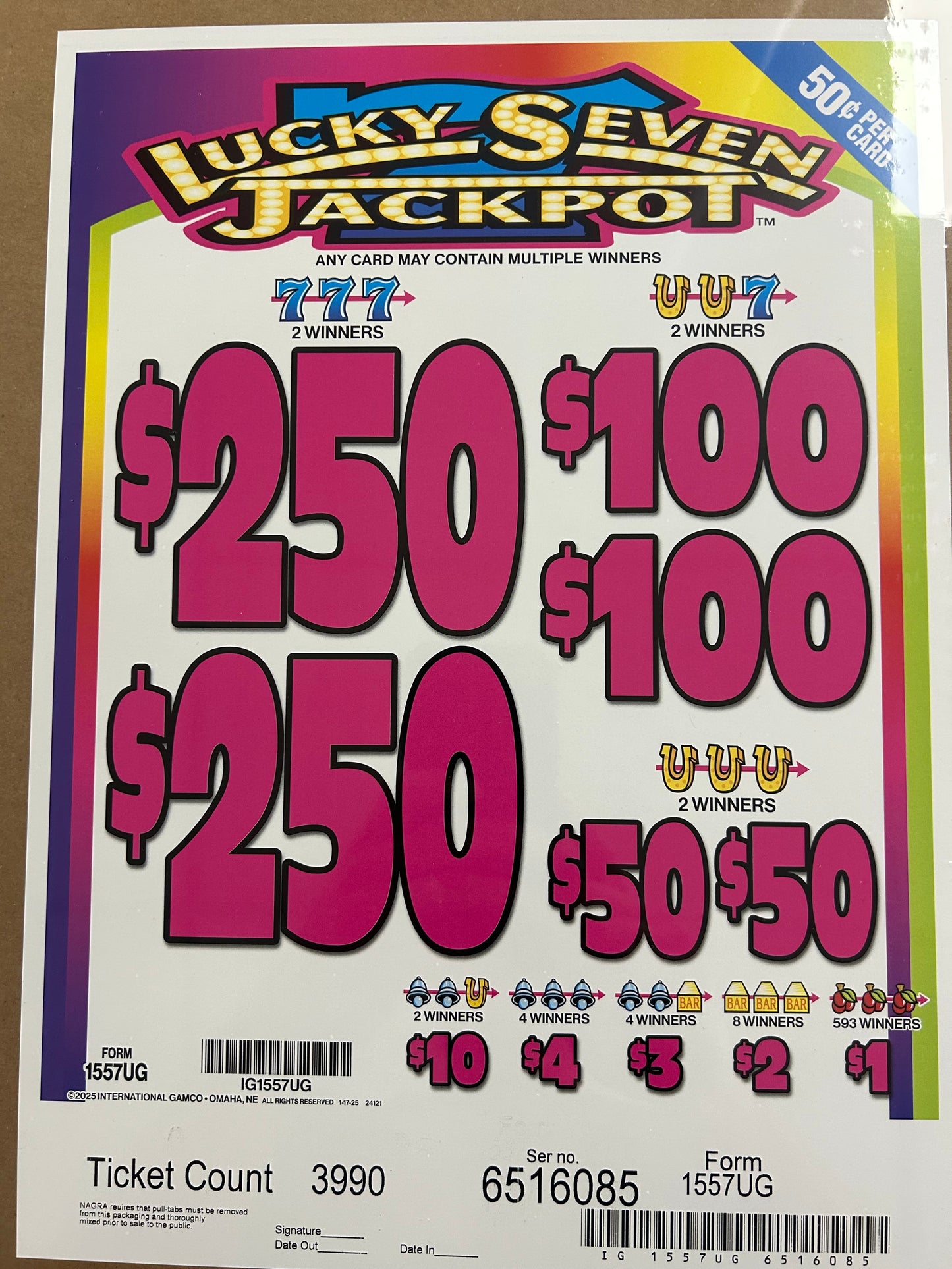 Lucky Seven Jackpot 3990ct $0.50 2-$250 Instant Pull tabs